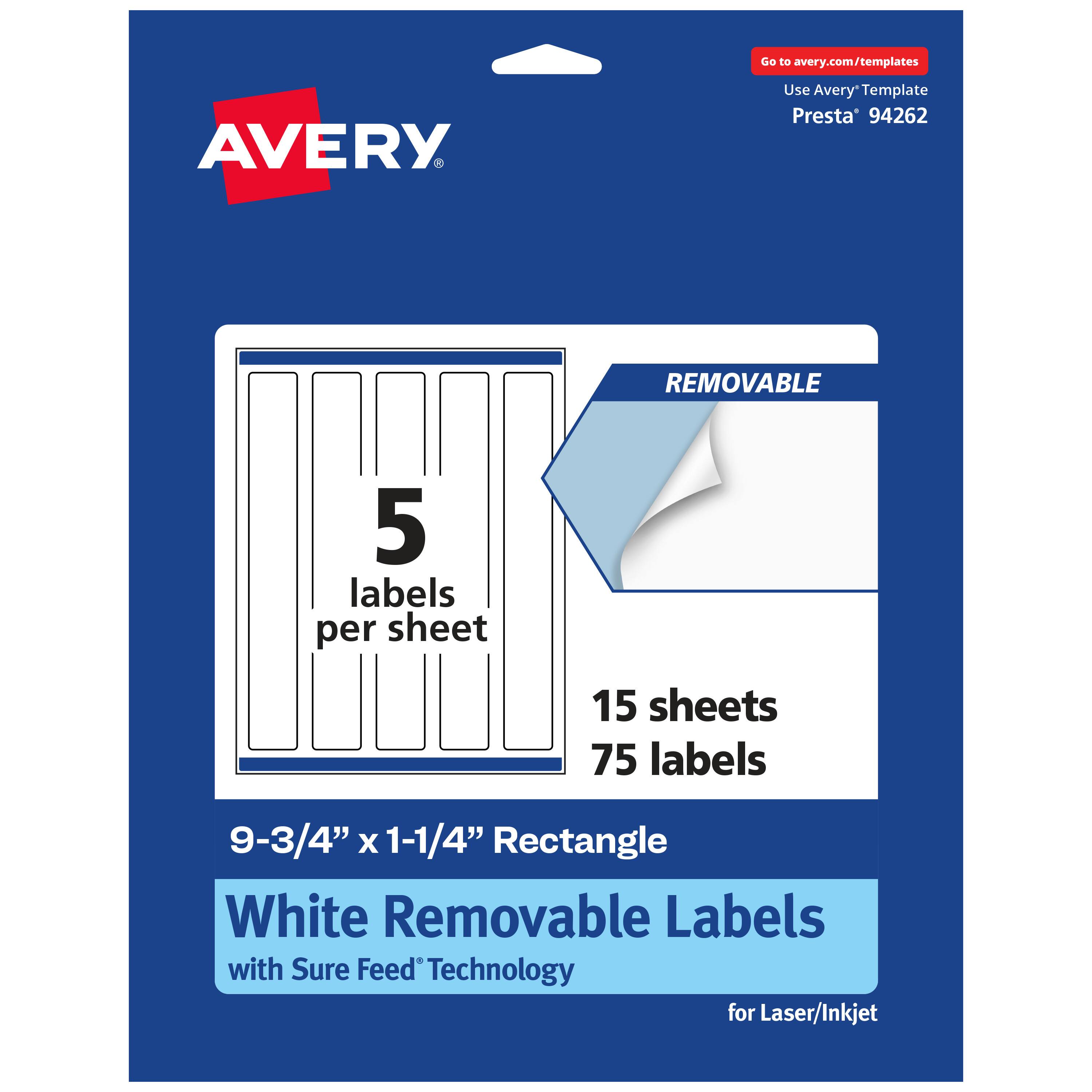 Go to avery.com/templates  
Use Avery Template Presta® 94262  

5 labels per sheet  
15 sheets  
75 labels  

9-3/4" x 1-1/4" Rectangle  
White Removable Labels with Sure Feed® Technology  
for Laser/Inkjet