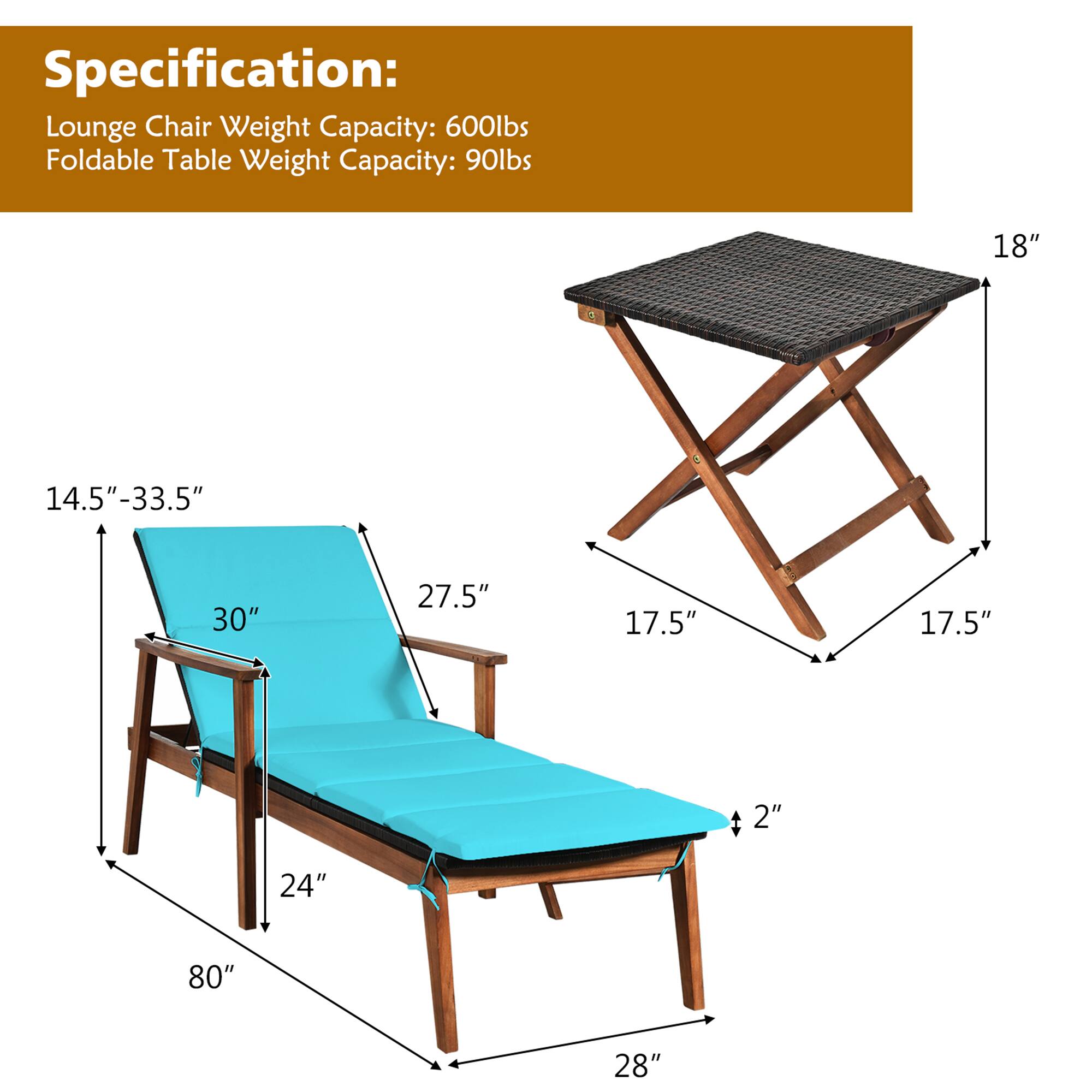 Specification: Lounge Chair Weight Capacity: 600lbs Foldable Table Weight Capacity: 90lbs

18" 14.5"-33.5" 30" 27.5" 17.5" 17.5" 2" 24" 80" 28"