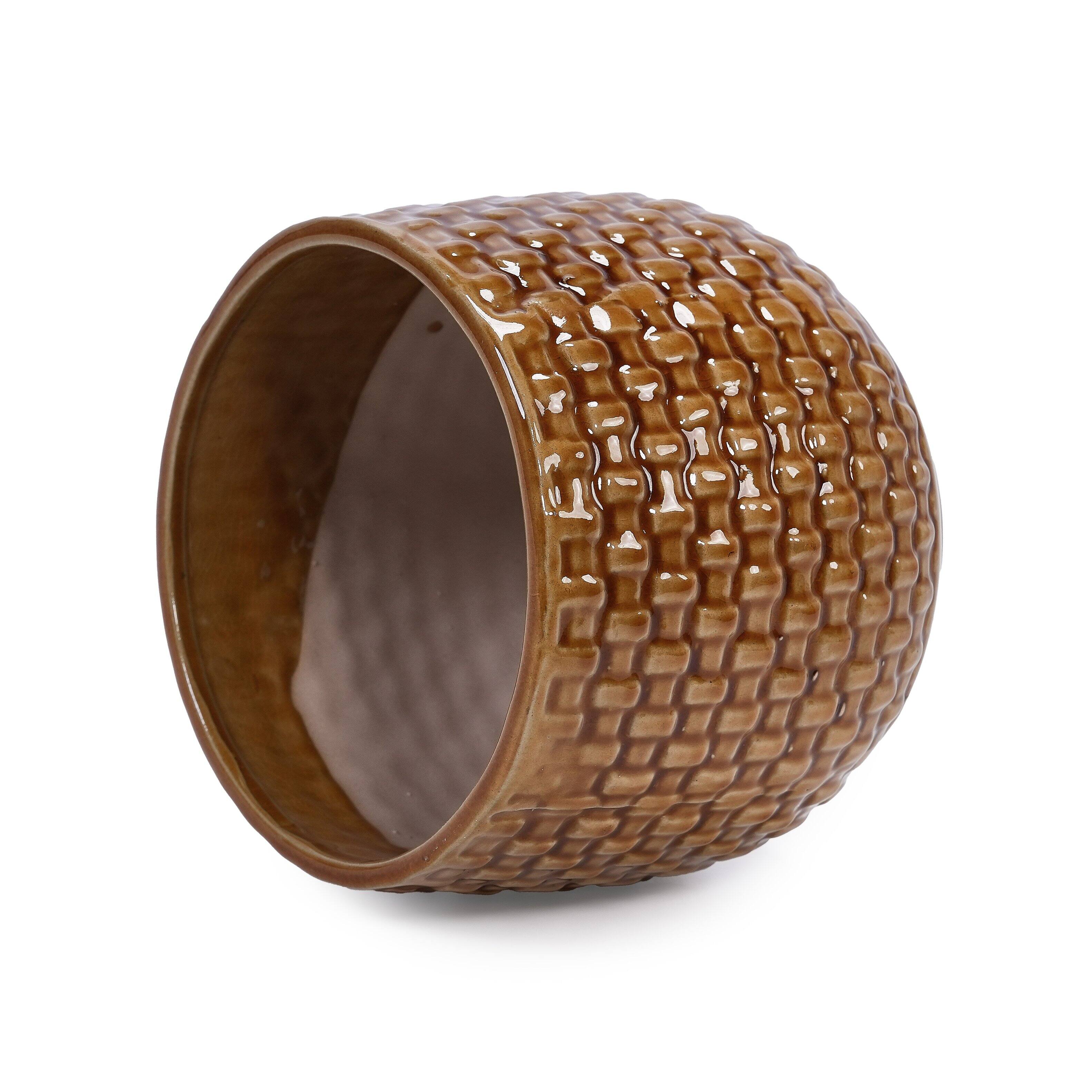 Alt View 8. Loheer - Loheer Ceramic Planter Set, Handmade Glazed Planter Set of 3 with Drainage, Diamond Pattern Terracotta Brown Pots.