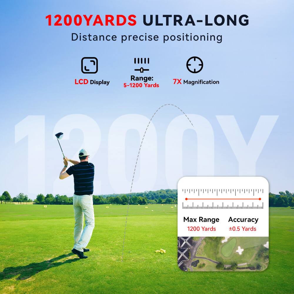 1200 YARDS ULTRA-LONG  
Distance precise positioning  

LCD Display  
Range: 5-1200 Yards  
7X Magnification  

Max Range: 1200 Yards  
Accuracy: ±0.5 Yards