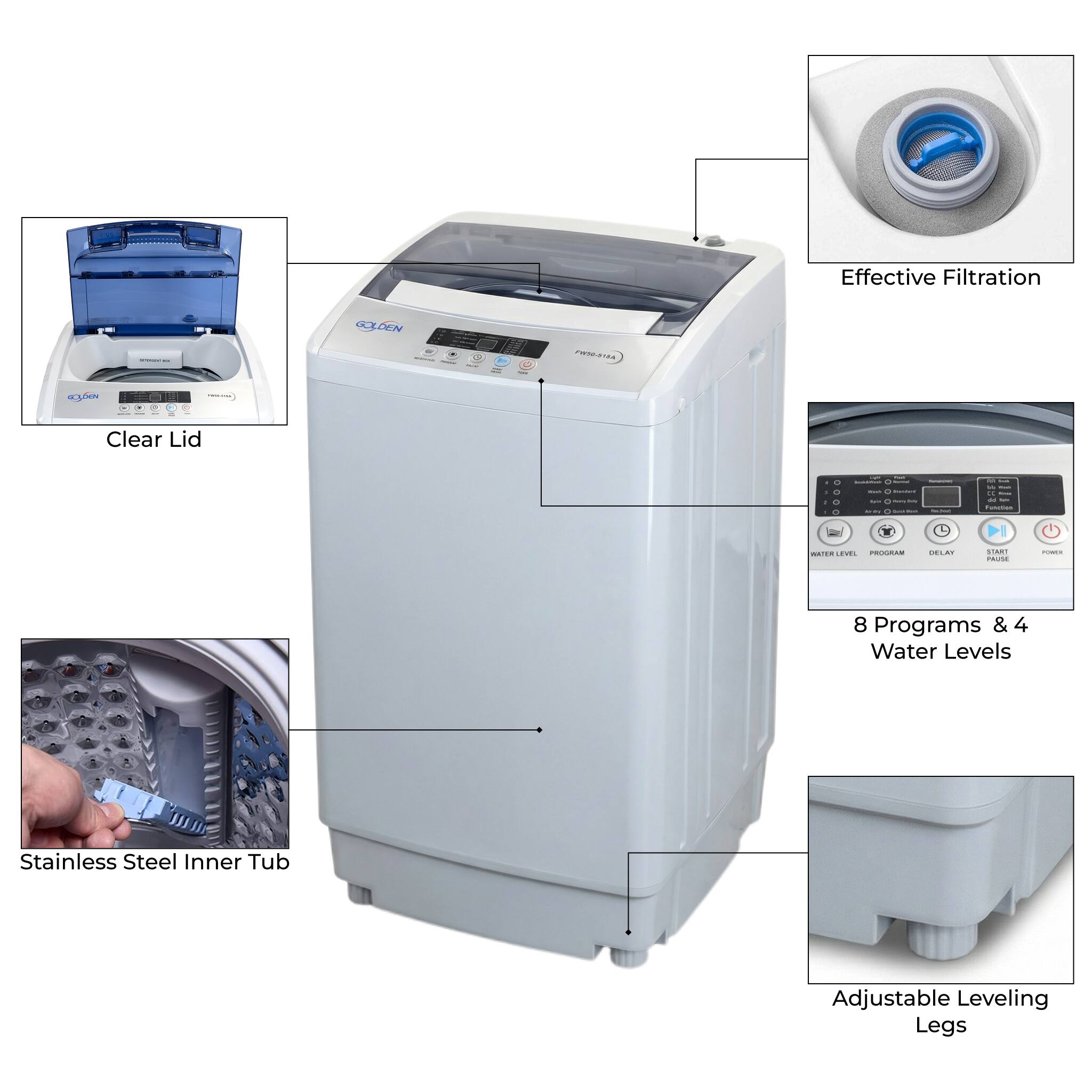 Effective Filtration  
GOLDEN - KN  
Clear Lid  

8 Programs & 4 Water Levels  
Stainless Steel Inner Tub  
Adjustable Leveling Legs