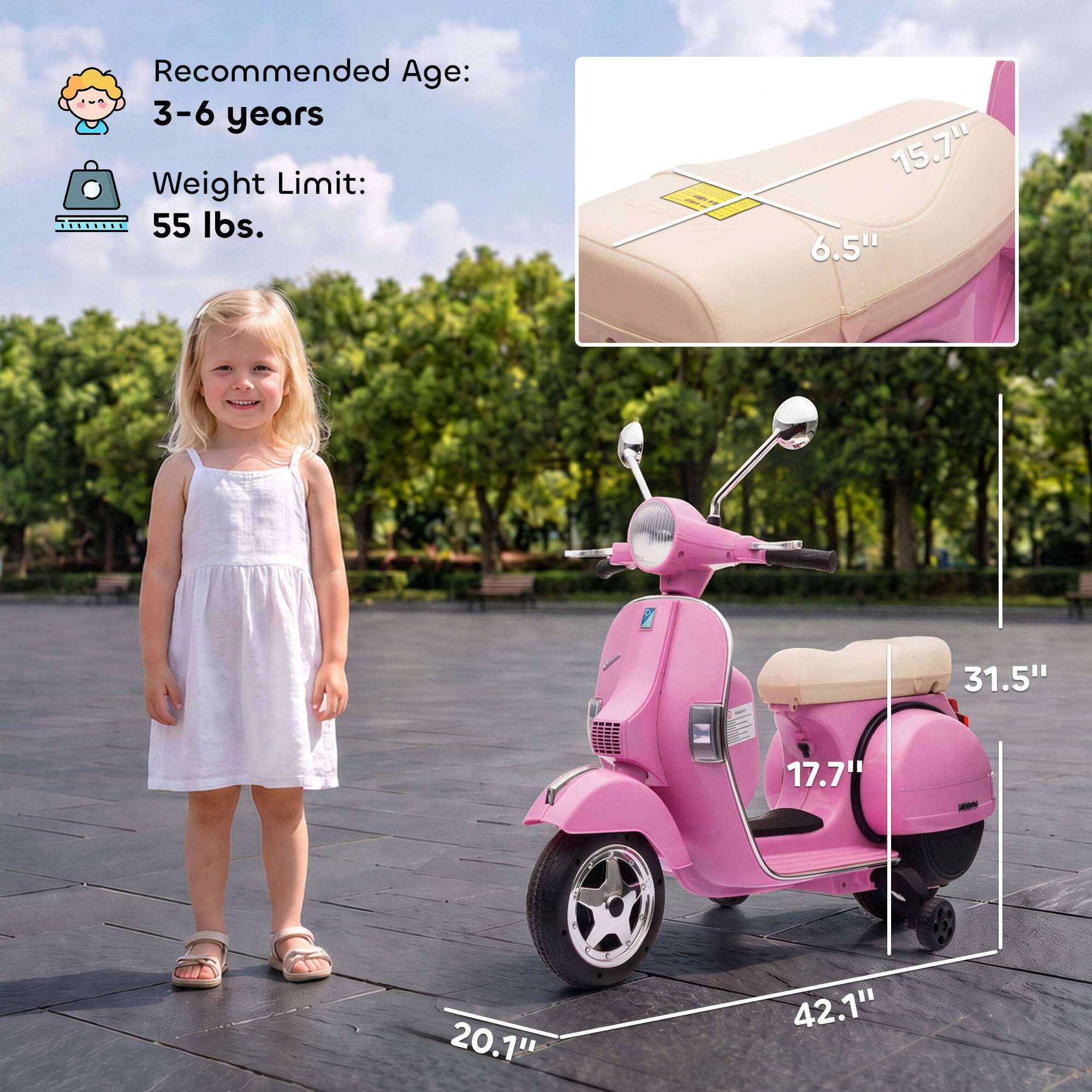 Recommended Age: 3-6 years  
Weight Limit: 55 lbs.  

15.7"  
6.5"  
31.5"  
17.7"  
20.1"  
42.1"