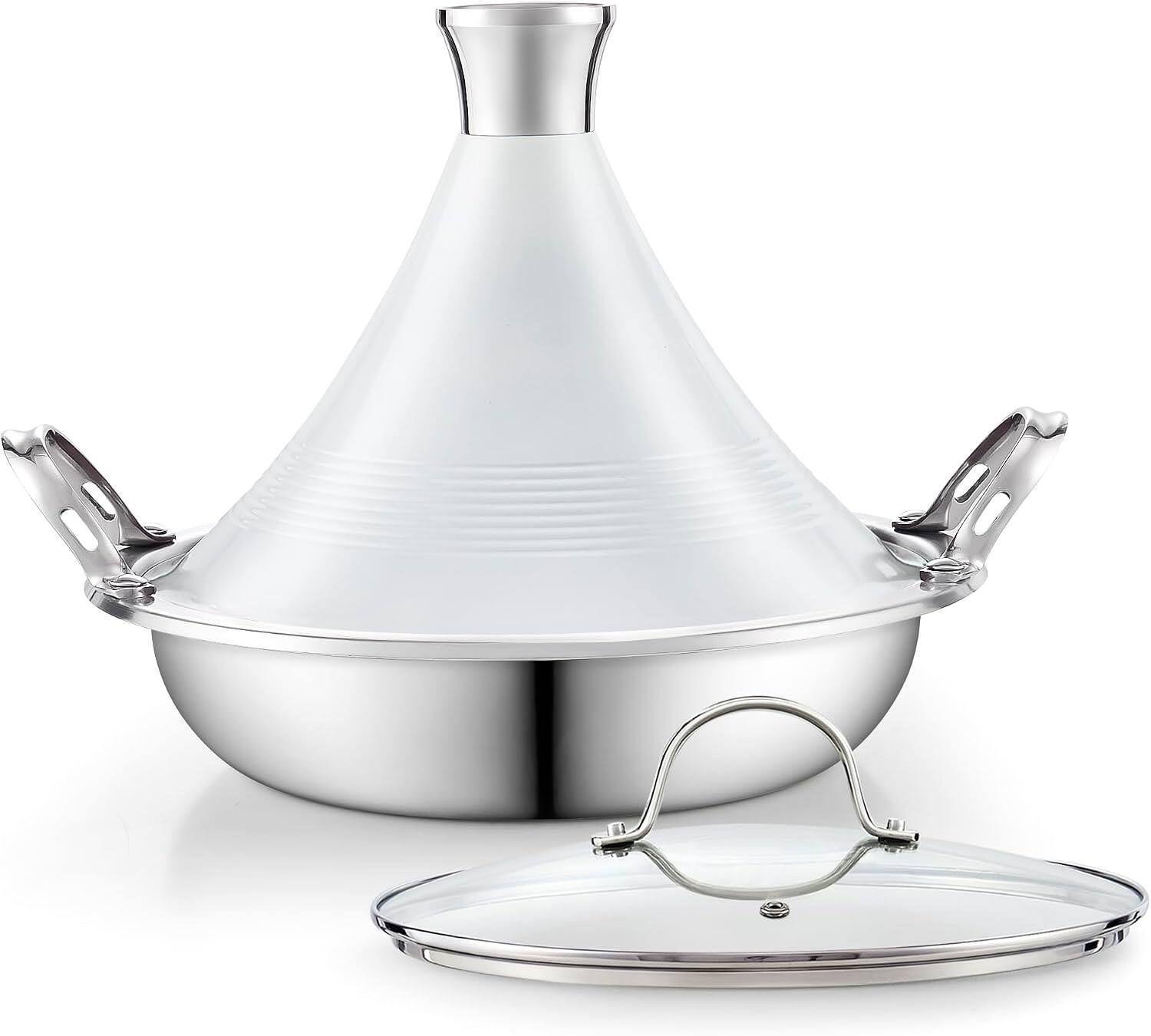 Front. Cooks Standard - Cooks Standard Multi-Ply Clad Stainless Steel Tagine Set,Die Cast Aluminum White Lid+Glass Lid - stainless steel.