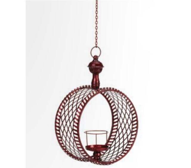 Front. CC Christmas Decor - 15" Decorative Red Cylindrical Christmas Lattice Hanging Pillar Candle Lantern - Red.