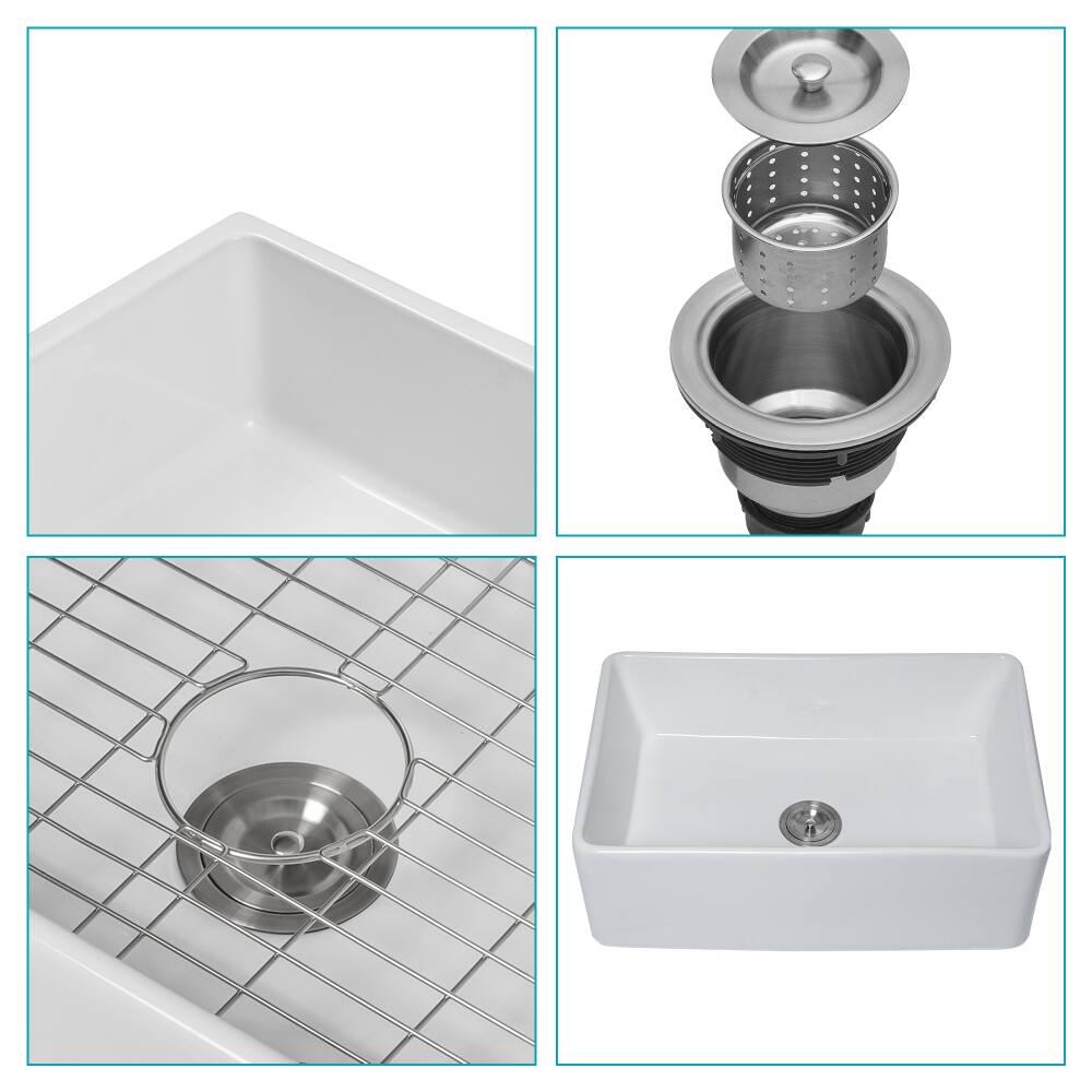 Alt View 2. JUJABU - 30 x 20 x 10 inch White Ceramic Kitchen Sink Apron-front Reversible Single Bowl - White.