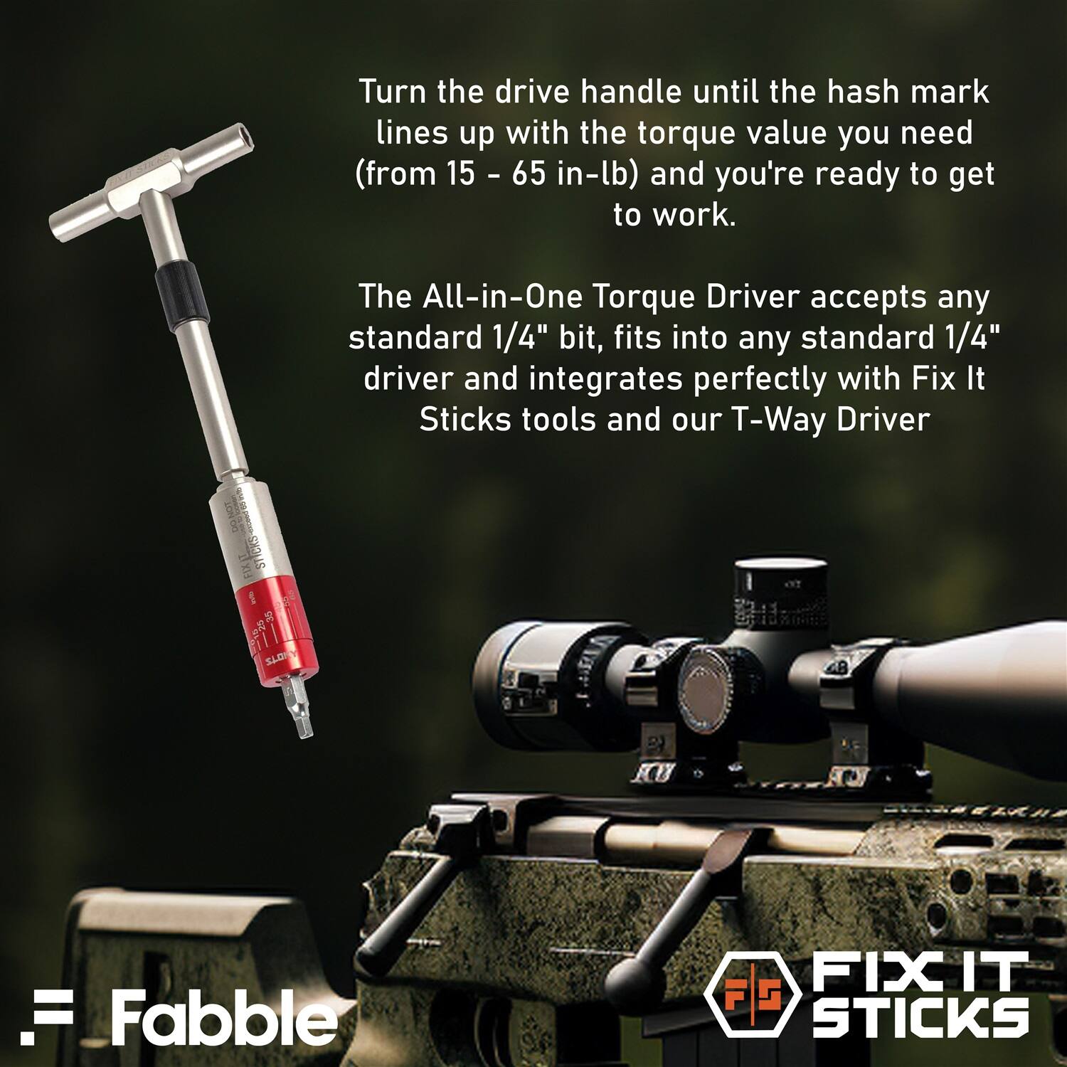 Turn the drive handle until the hash mark lines up with the torque value you need (from 15 - 65 in-lb) and you're ready to get to work.

The All-in-One Torque Driver accepts any standard 1/4" bit, fits into any standard 1/4" driver and integrates perfectly with Fix It Sticks tools and our T-Way Driver

Fabble

FIX IT STICKS