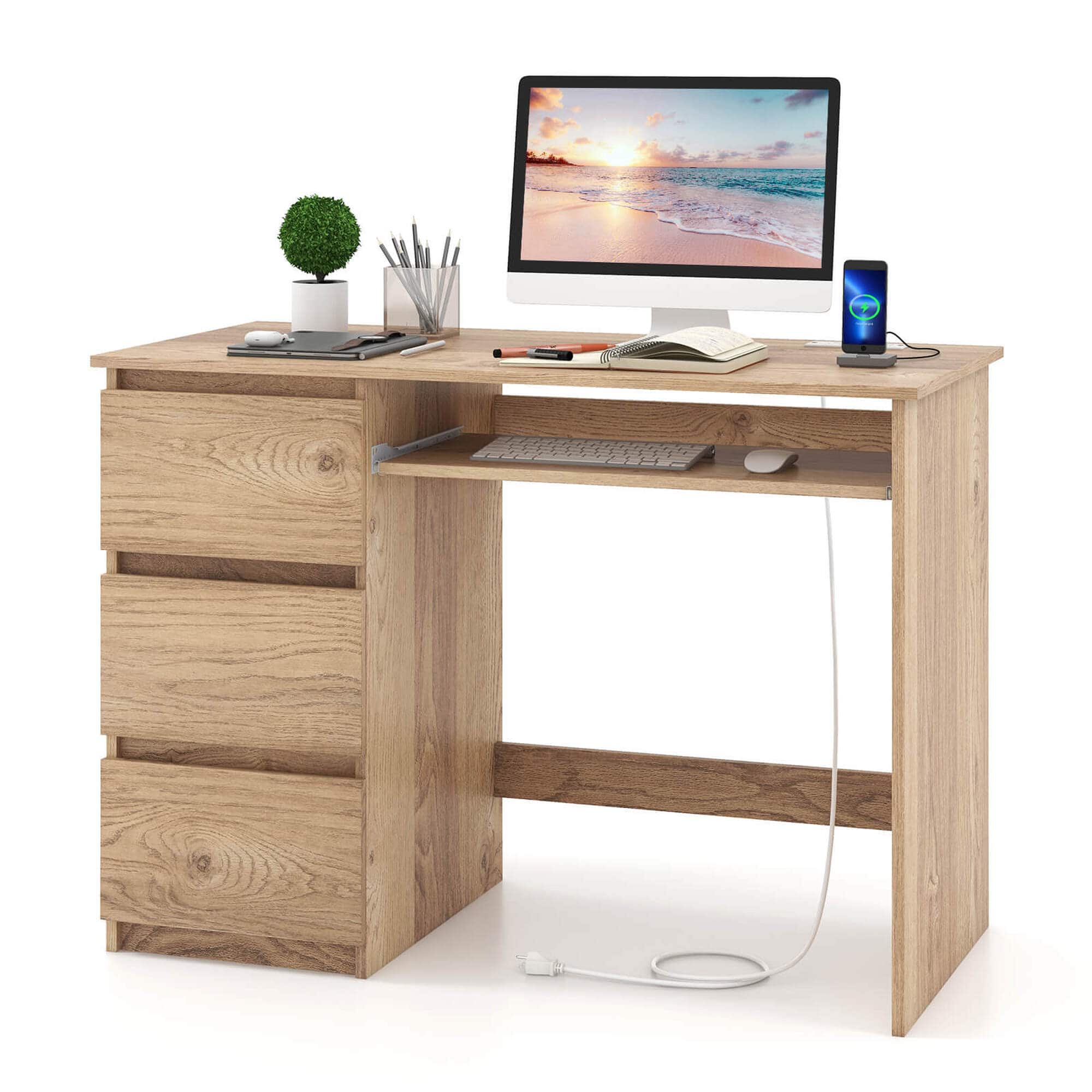 Front. Costway - Costway Computer Desk with Outlet Keyboard Tray & 3 Large Drawers Type-C & USB Ports - Natural.