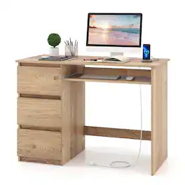 Costway - Computer Desk with Outlet Keyboard Tray & 3 Large Drawers Type-C & USB Ports - Natural