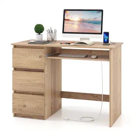 Front. Costway - Costway Computer Desk with Outlet Keyboard Tray & 3 Large Drawers Type-C & USB Ports - Natural.