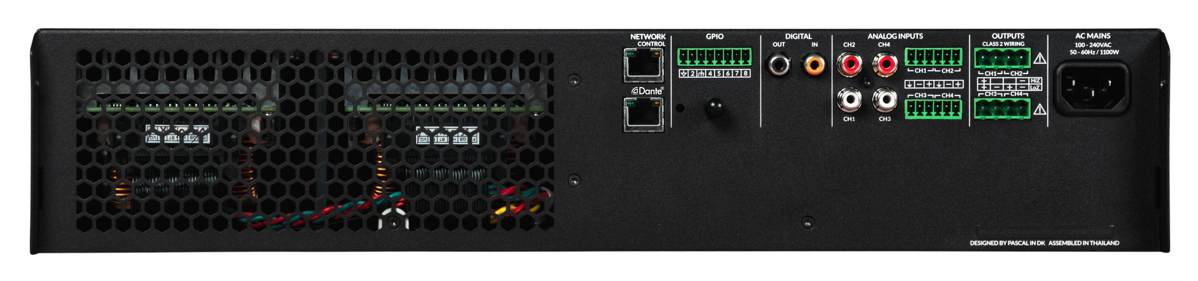 NETWORK CONTROL  
GPIO  
DIGITAL OUT  
DIGITAL IN  
ANALOG INPUTS  
ANALOG OUTPUTS  
AC MAINS  
100-240V 50-60Hz 1100W  

@Dante  
CH1 CH2  
CH3 CH4  

INPUTS  
CH1 CH2  
CH3 CH4  

OUTPUTS  
CH1 CH2  
CH3 CH4  

CLASS 2 WIRING  

DESIGNED BY PASCAL IN DK  
ASSEMBLED IN THAILAND