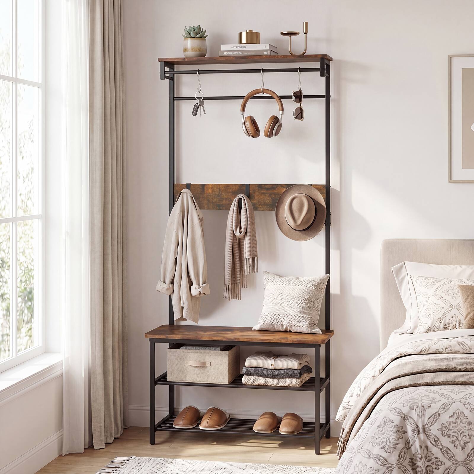 Alt View 3. Costway - Costway 4-in-1 Hall Tree: Coat Rack with Shoe Bench, Hanging Rod, Shelves & Removable Hooks - Rustic Brown + Black.