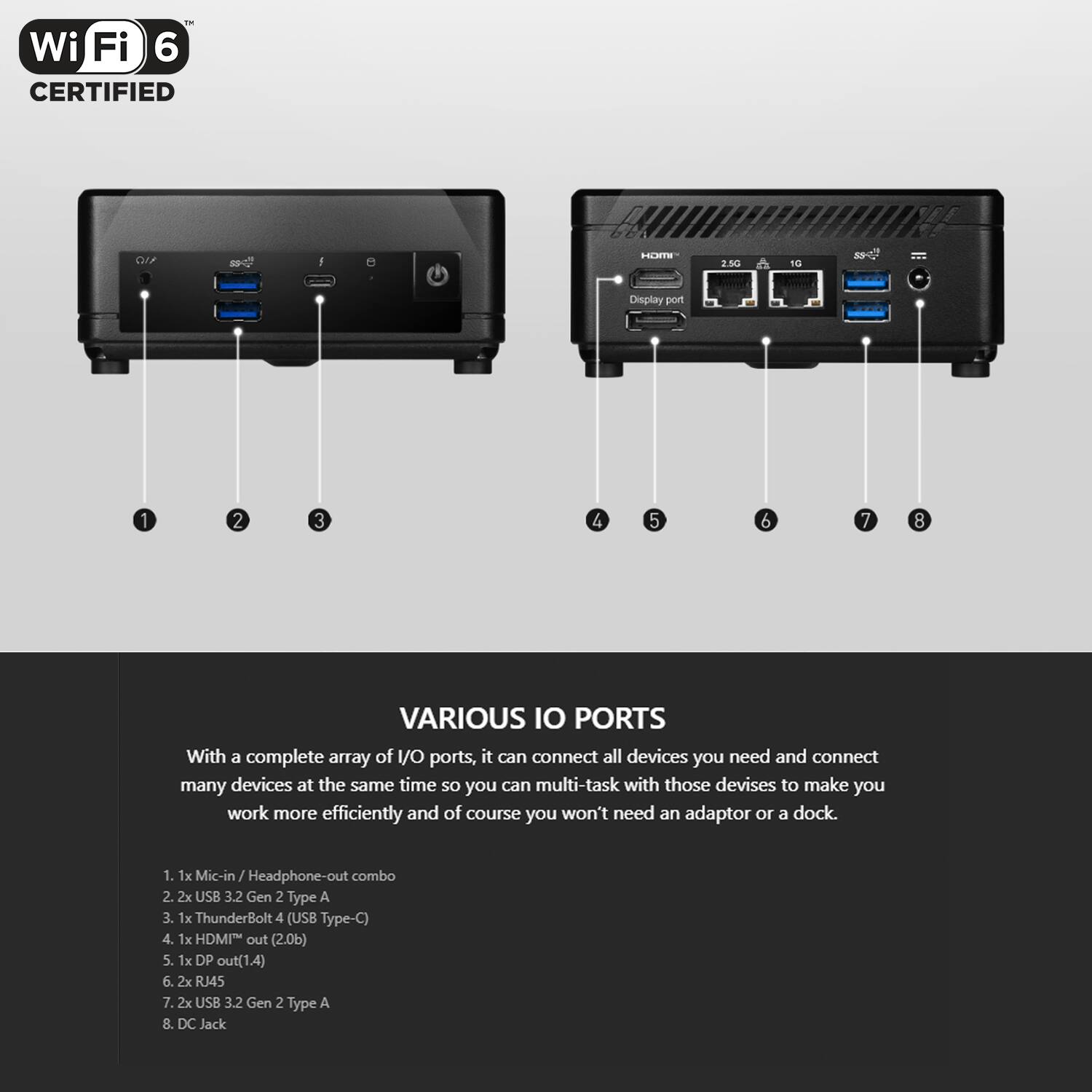 **1F Wi-Fi 6 CERTIFIED**

**F 2.5G S0**

**Display port 1 2 3 4 5 6 7 8**

**VARIOUS IO PORTS**

With a complete array of I/O ports, it can connect all devices you need and connect many devices at the same time so you can multi-task with those devices to make you work more efficiently and of course you won't need an adaptor or a dock.

1. 1x Mic-in / Headphone-out combo
2. 2x USB 3.2 Gen 2 Type A
3. 1x ThunderBolt 4 (USB Type-C)
4. 1x HDMI out (2.0b)
5. 1x DP out (1.4)
6. 2x RJ45
7. 2x USB 3.2 Gen 2 Type A
8. DC Jack