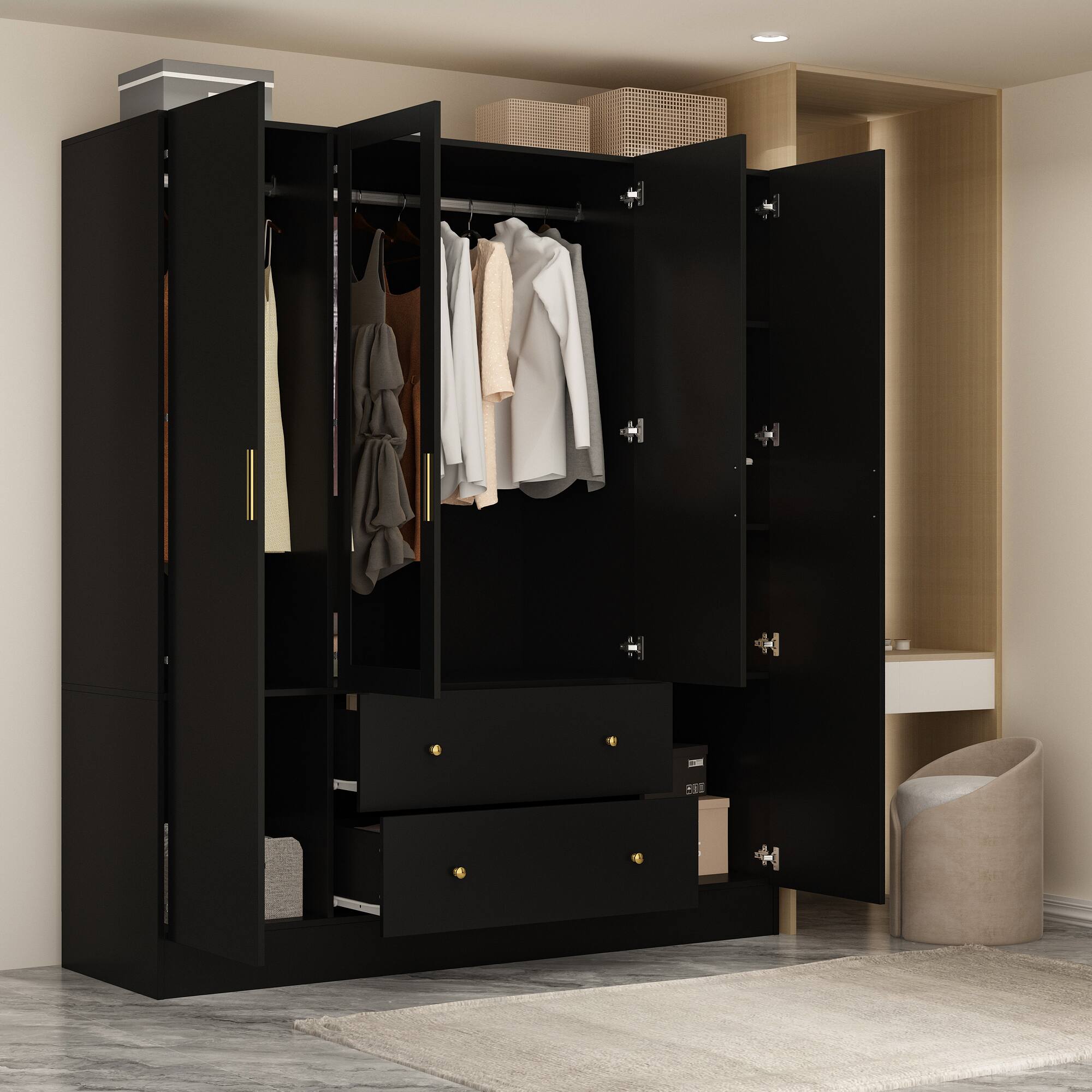 Angle. Famapy - Full-Length Mirror Wardrobe with Drawers & Open Shelves Modern Bedroom Closet for Clothes, Accessories & Organization - Black.