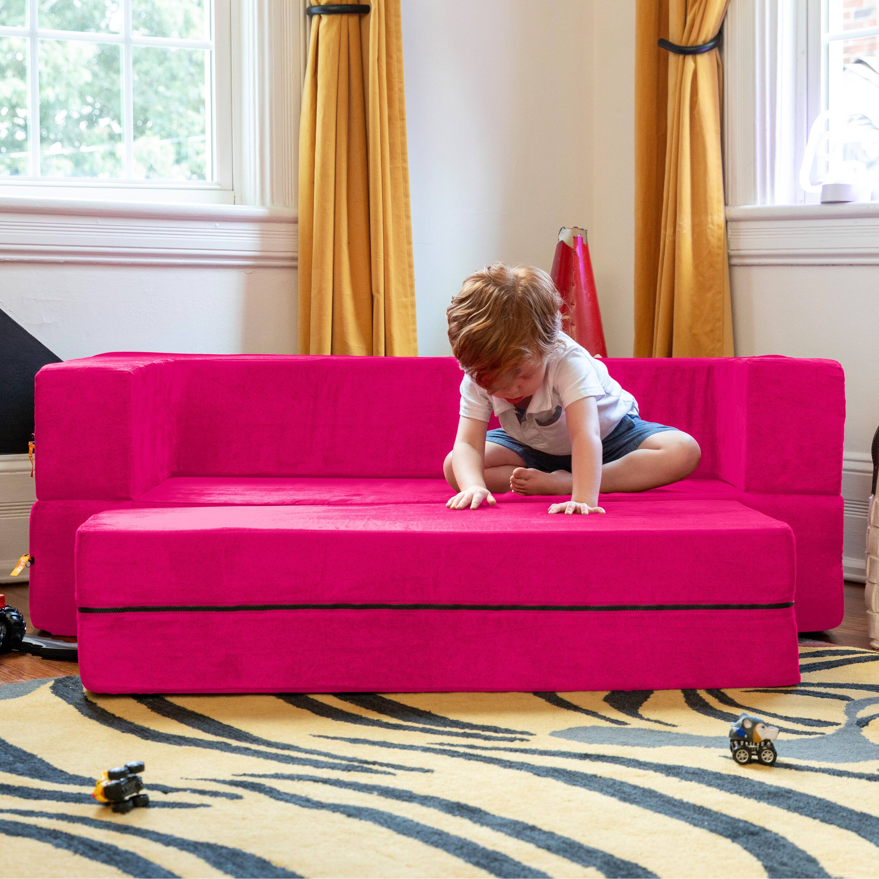 Alt View 4. Jaxx - Jaxx Zipline Kids Sofa & Large Ottoman, 3 in 1 Fold Out Sofa, Big Kids Edition, Fuchsia - Fuchsia.