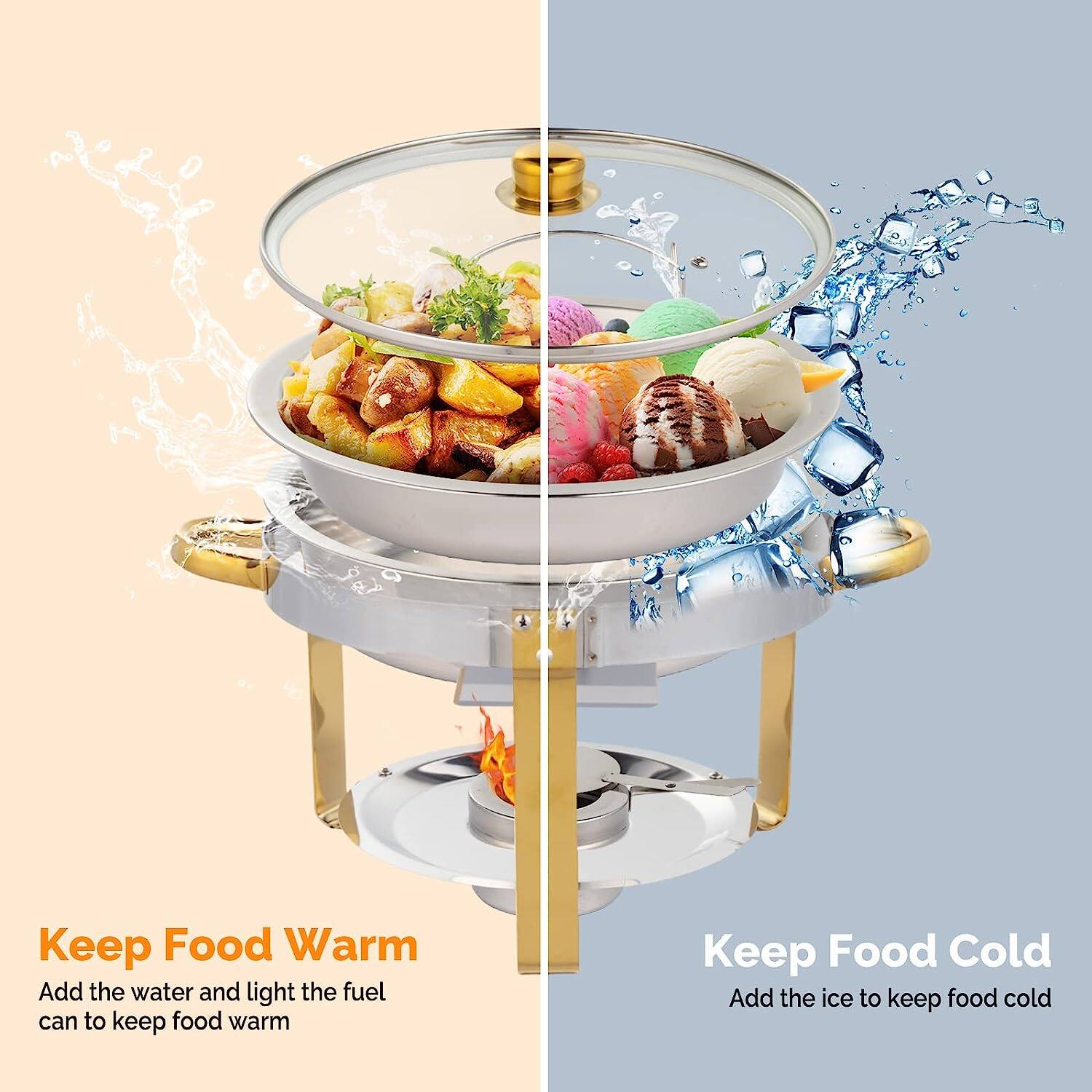 Keep Food Warm  
Add the water and light the fuel can to keep food warm  

Keep Food Cold  
Add the ice to keep food cold
