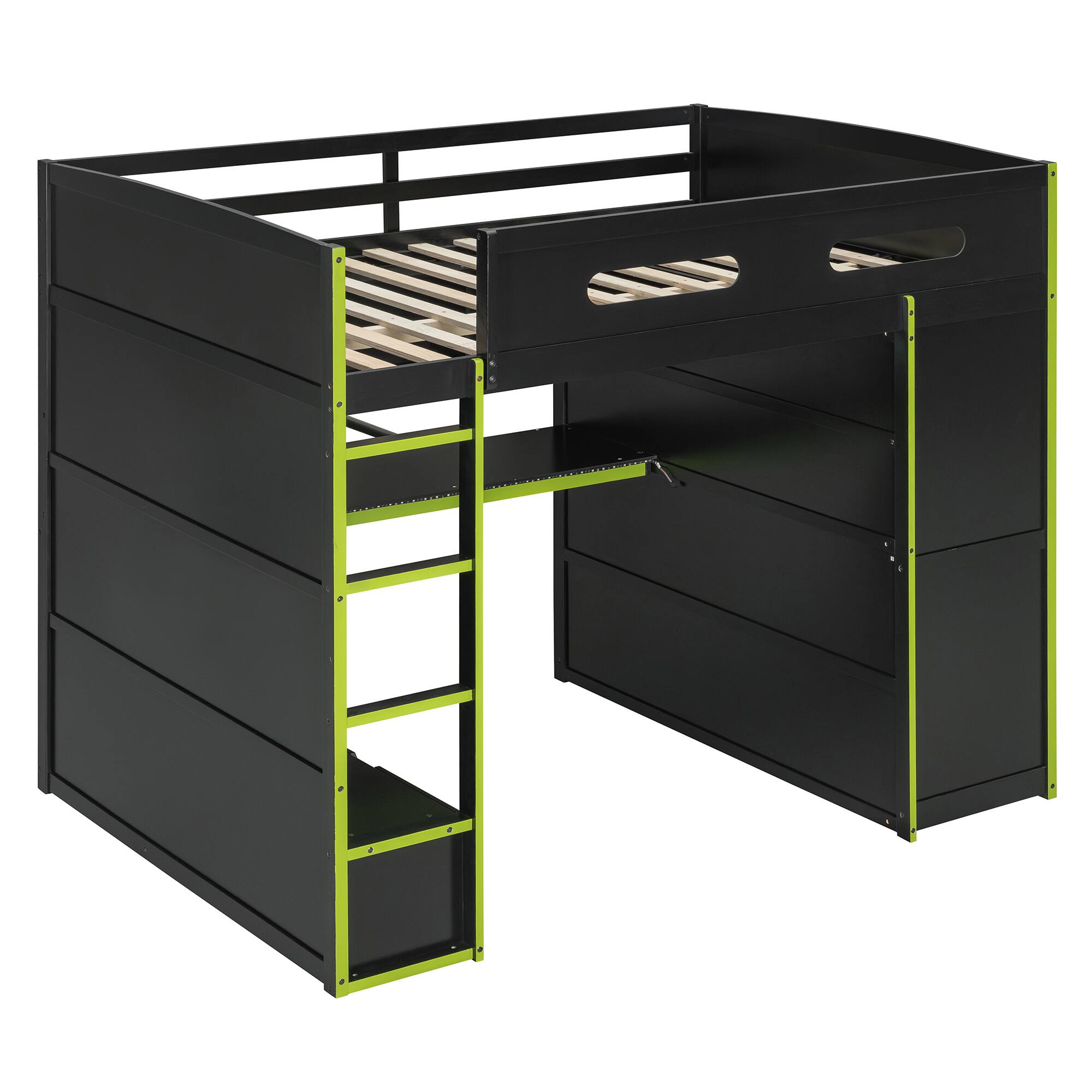 Back. Anysun - Full Size Wood Loft Bed with Desk,Wardrobe,Ample Storage Space,and RGB Light - Green.