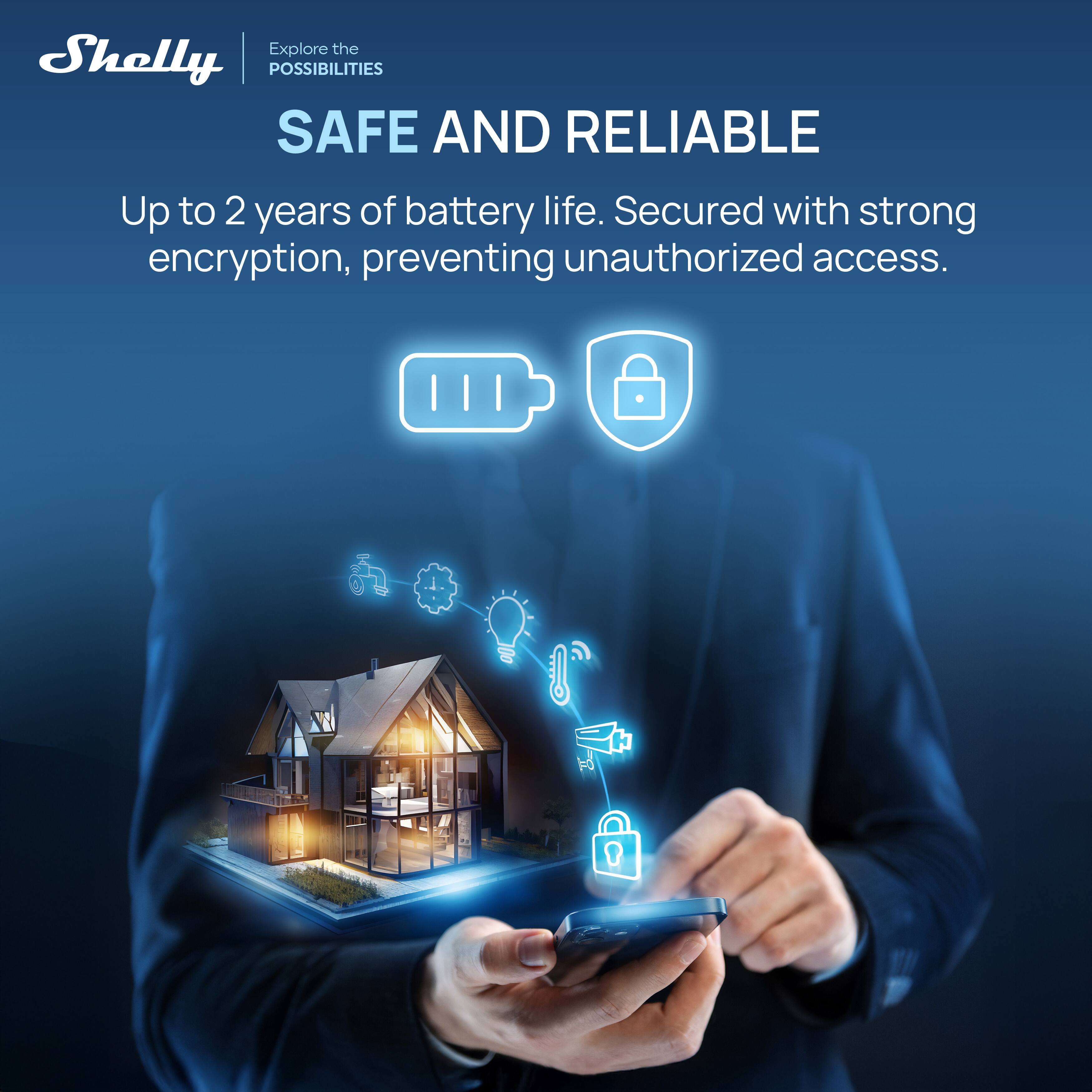 Explore the Shelly POSSIBILITIES SAFE AND RELIABLE  
Up to 2 years of battery life. Secured with strong encryption, preventing unauthorized access.