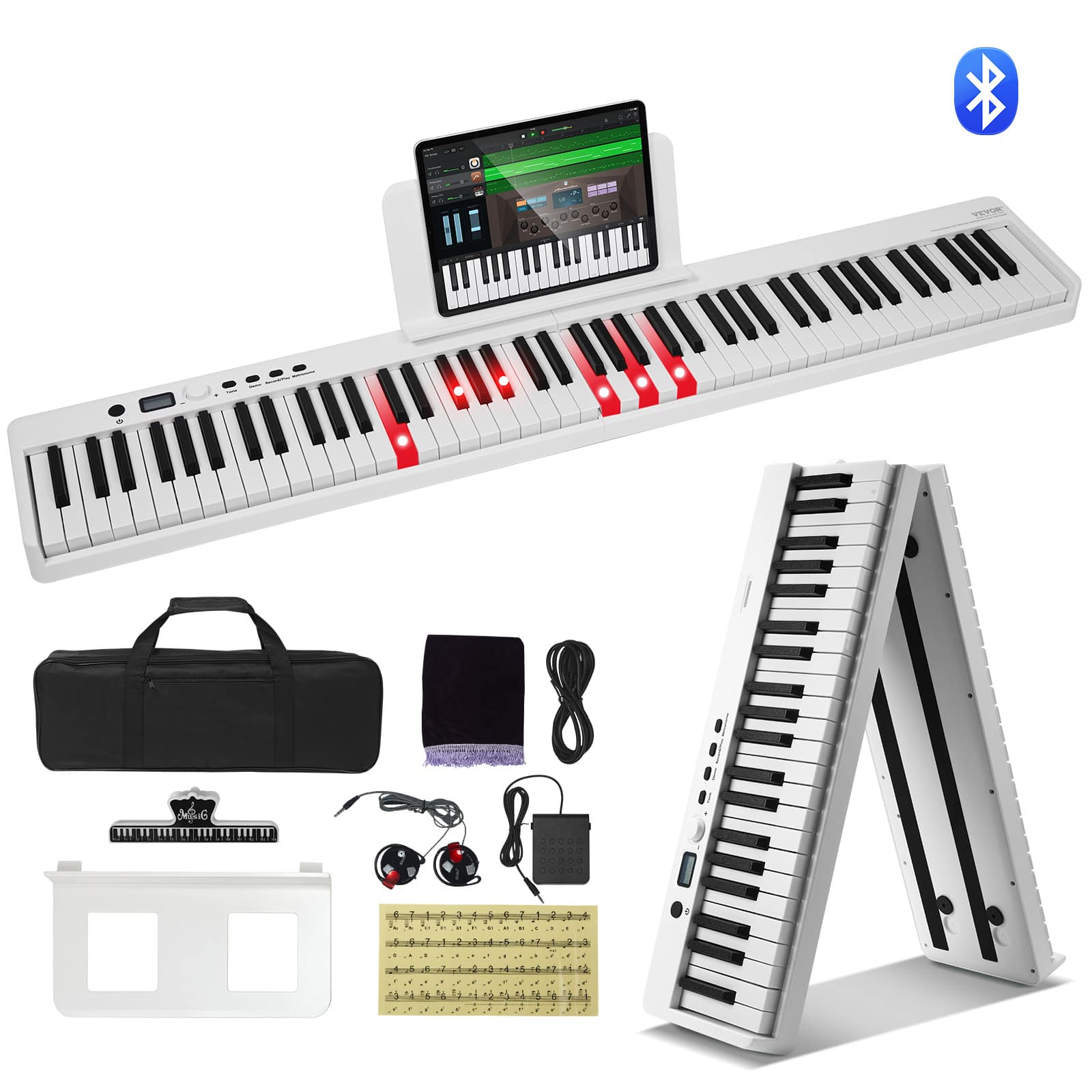 Front. VEVOR - 88 Key Folding Keyboard Piano, Bluetooth & MIDI, Portable Electronic Digital Foldable Piano - White.