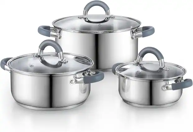 Front. Cook N Home - Basics S/S Cookware Set with Glass Lids, Heavy Duty Pots & Pans Set,Silicone Handles,Induction, 1.5QT/3QT/5.5QT,6PC - Stainless Steel.