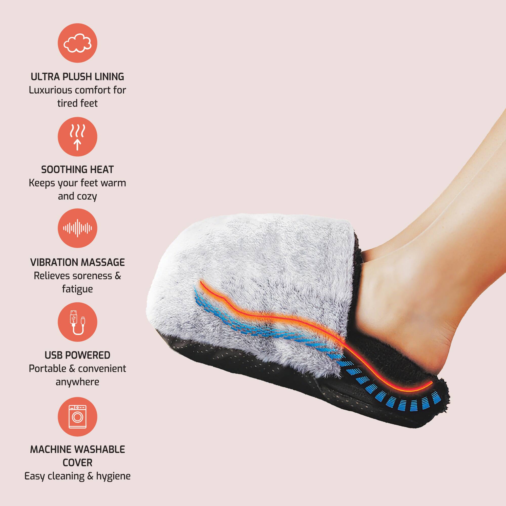 ULTRA PLUSH LINING  
Luxurious comfort for tired feet  

SOOTHING HEAT  
Keeps your feet warm and cozy  

VIBRATION MASSAGE  
Relieves soreness & fatigue  

USB POWERED  
Portable & convenient anywhere  

MACHINE WASHABLE COVER  
Easy cleaning & hygiene