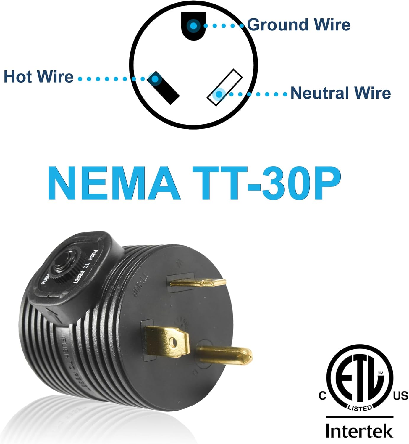 Ground Wire  
Hot Wire  
Neutral Wire  
NEMA TT-30P  
PUSH TO RESET  
T7-30P  
1 B0GD  
CM  
ETL US LISTED  
Intertek
