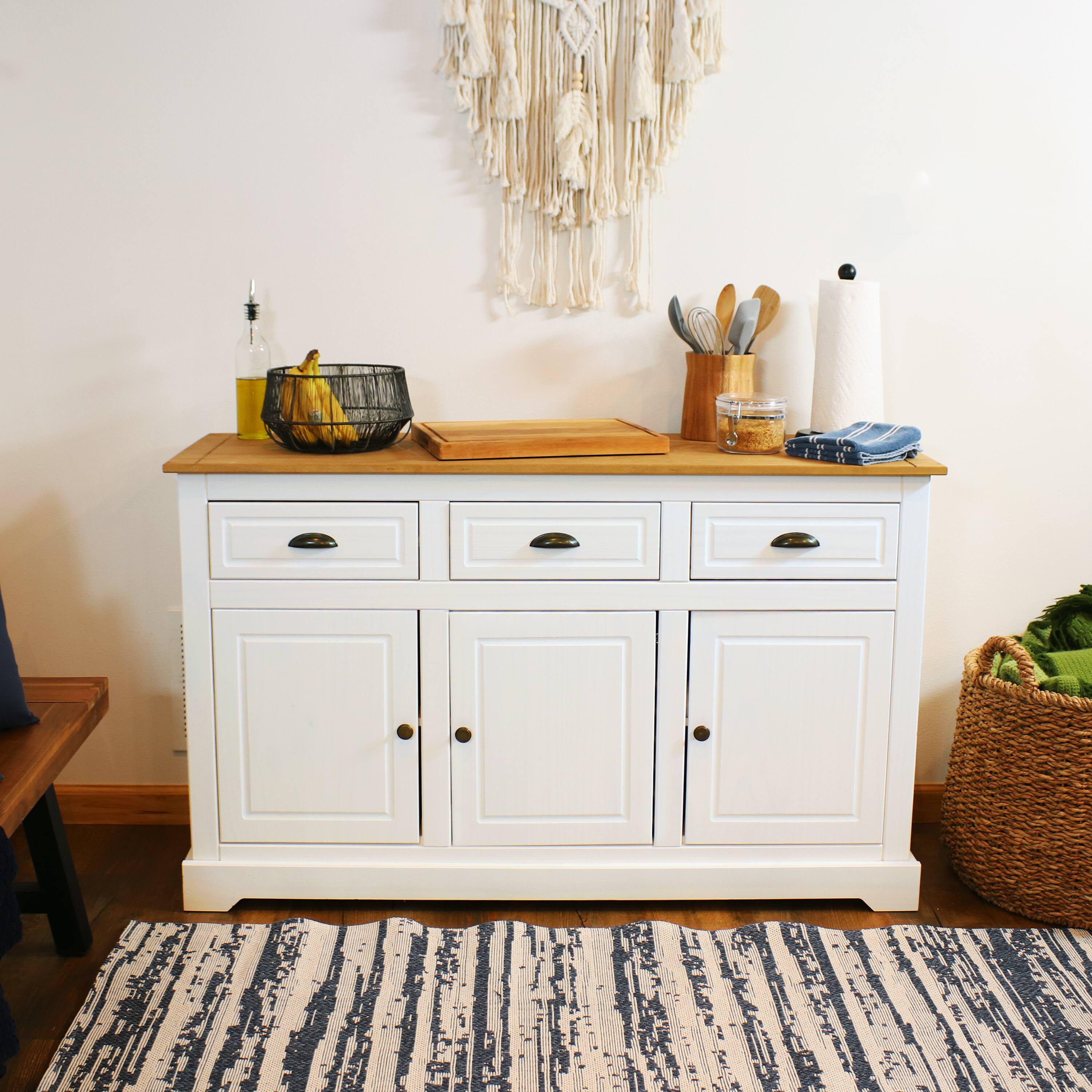 Alt View 4. Sunnydaze - Solid Pine Sideboard with 3 Drawers and 3 Doors - 32 in - White.