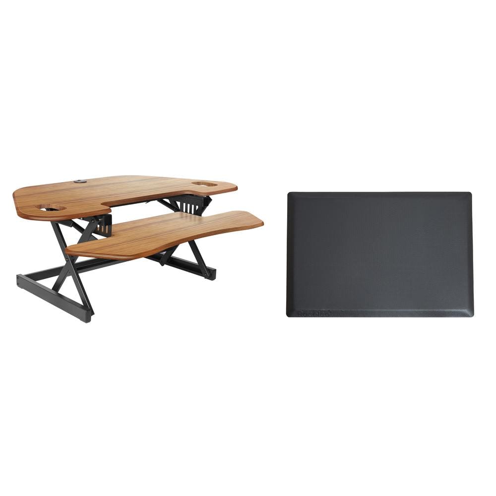 Rocelco - 46" Height Adjustable Corner Standing Desk Converter with Anti Fatigue Mat BUNDLE, Computer Workstation, Teak Wood Grain - Brown