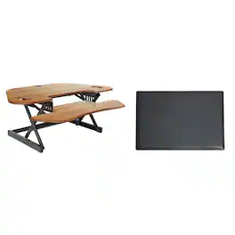 Rocelco - 46" Height Adjustable Corner Standing Desk Converter with Anti Fatigue Mat BUNDLE, Computer Workstation, Teak Wood Grain - Brown