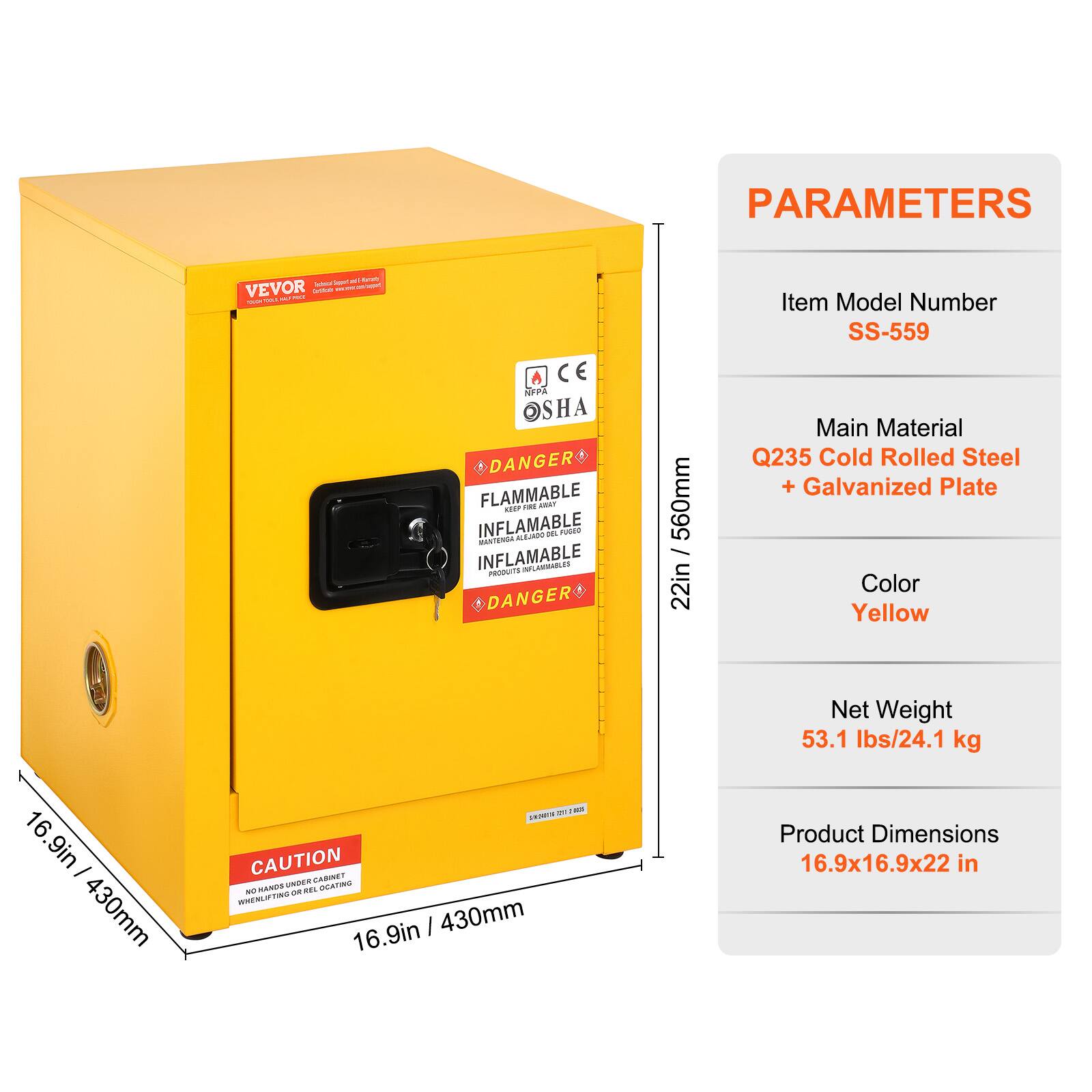 PARAMETERS

- Item Model Number: SS-559
- Main Material: Q235 Cold Rolled Steel + Galvanized Plate
- Color: Yellow
- Net Weight: 53.1 lbs / 24.1 kg
- Product Dimensions: 16.9x16.9x22 in

DANGER FLAMMABLE  
INFLAMABLE  
INFLAMABLE  
CAUTION  
NO HANDS UNDER CABINET DURING LIFTING OR REL LOCATING