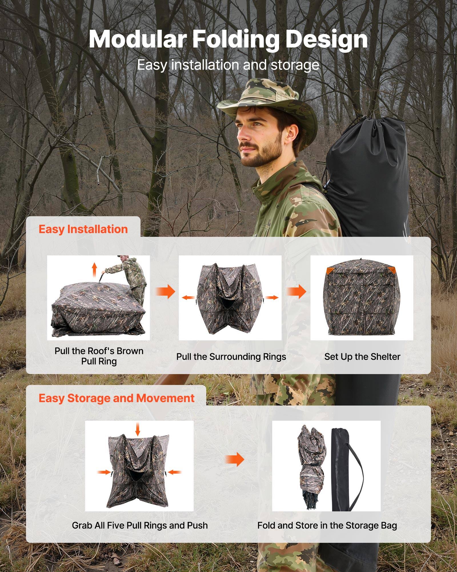 Modular Folding Design  
Easy installation and storage  

**Easy Installation**  
- Pull the Roof's Brown Pull Ring  
- Pull the Surrounding Rings  
- Set Up the Shelter  

**Easy Storage and Movement**  
- Grab All Five Pull Rings and Push  
- Fold and Store in the Storage Bag