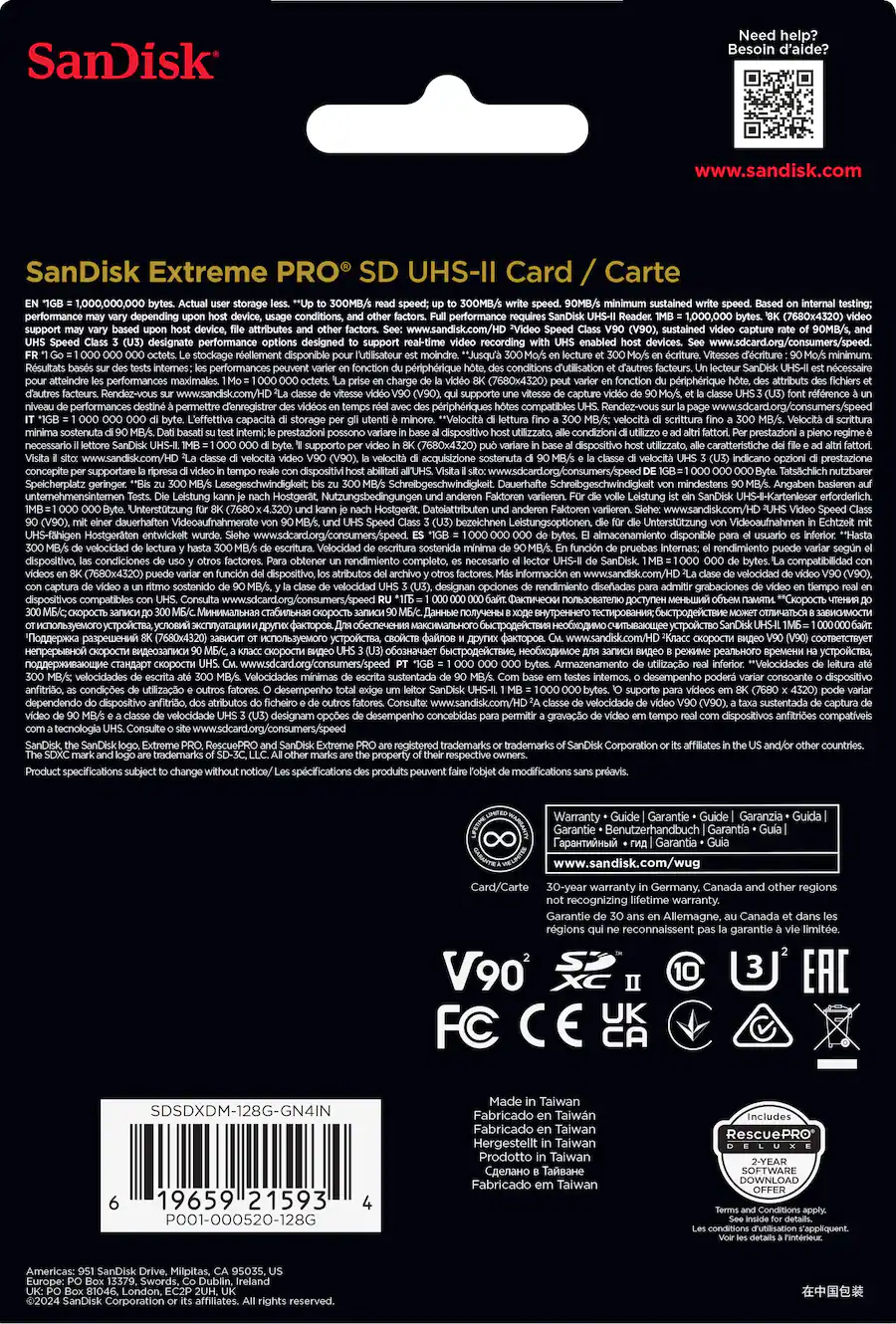 Sandisk Text SANDISK 128GB Extreme PRO SD UHS II V90 Card R/W up to 300MB/s SDSDXDM ...
