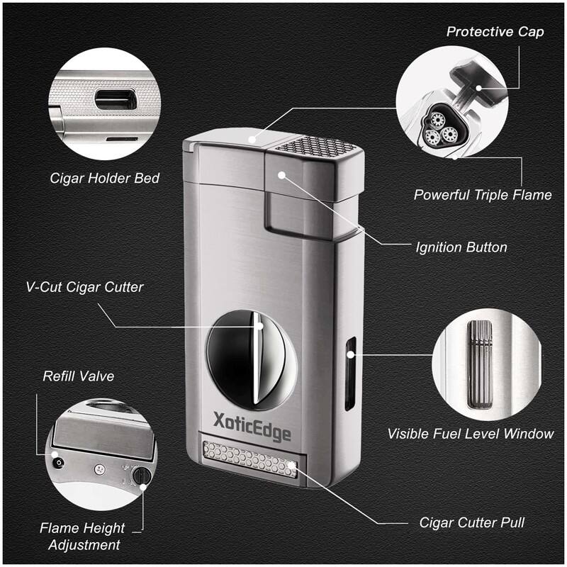 Protective Cap  
Cigar Holder Bed  
Powerful Triple Flame  
Ignition Button  
V-Cut Cigar Cutter  
Refill Valve  
Visible Fuel Level Window  
Flame Height Adjustment  
Cigar Cutter Pull