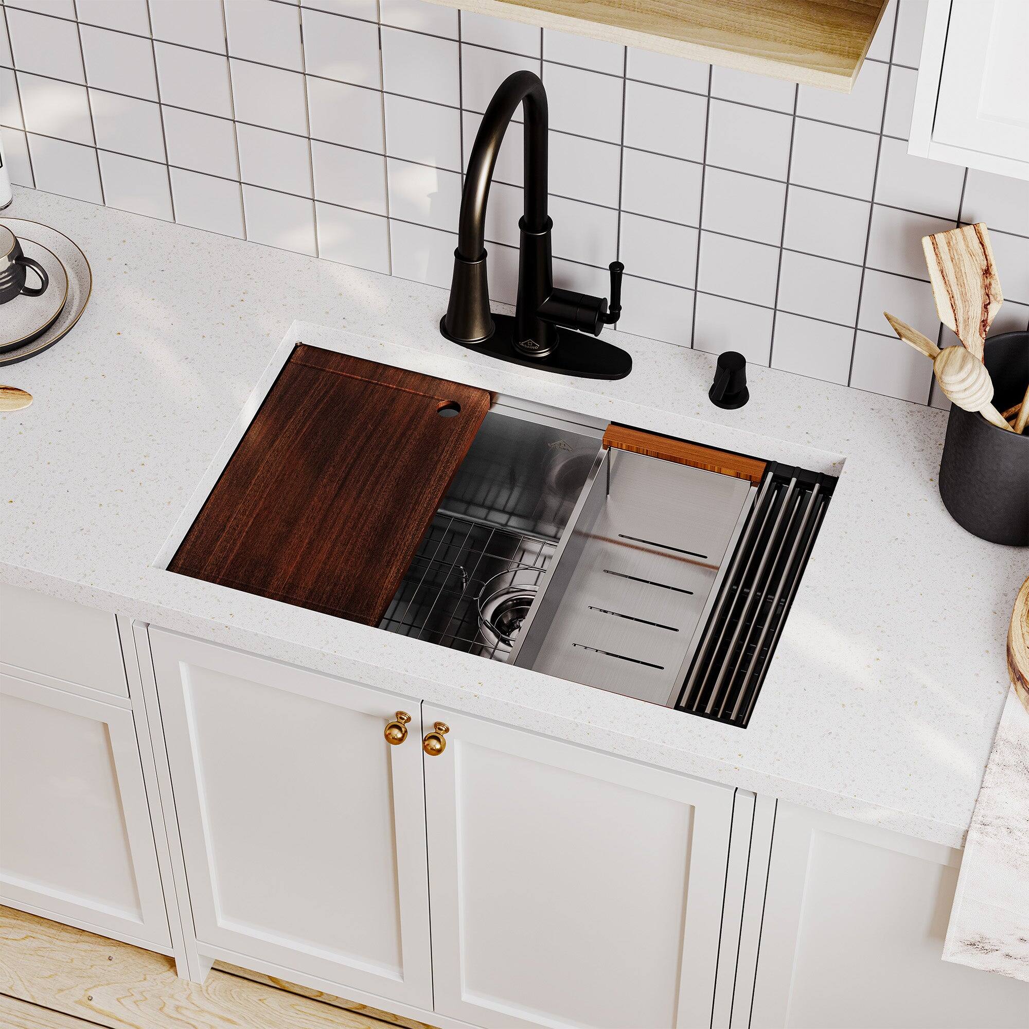 Alt View 2. Boyel Living - 30 in. Undermount Single Bowl 18-Gauge Stainless Steel Kitchen Sink with Cutting Board, Rolling Drying Rack, Drain - Silver.