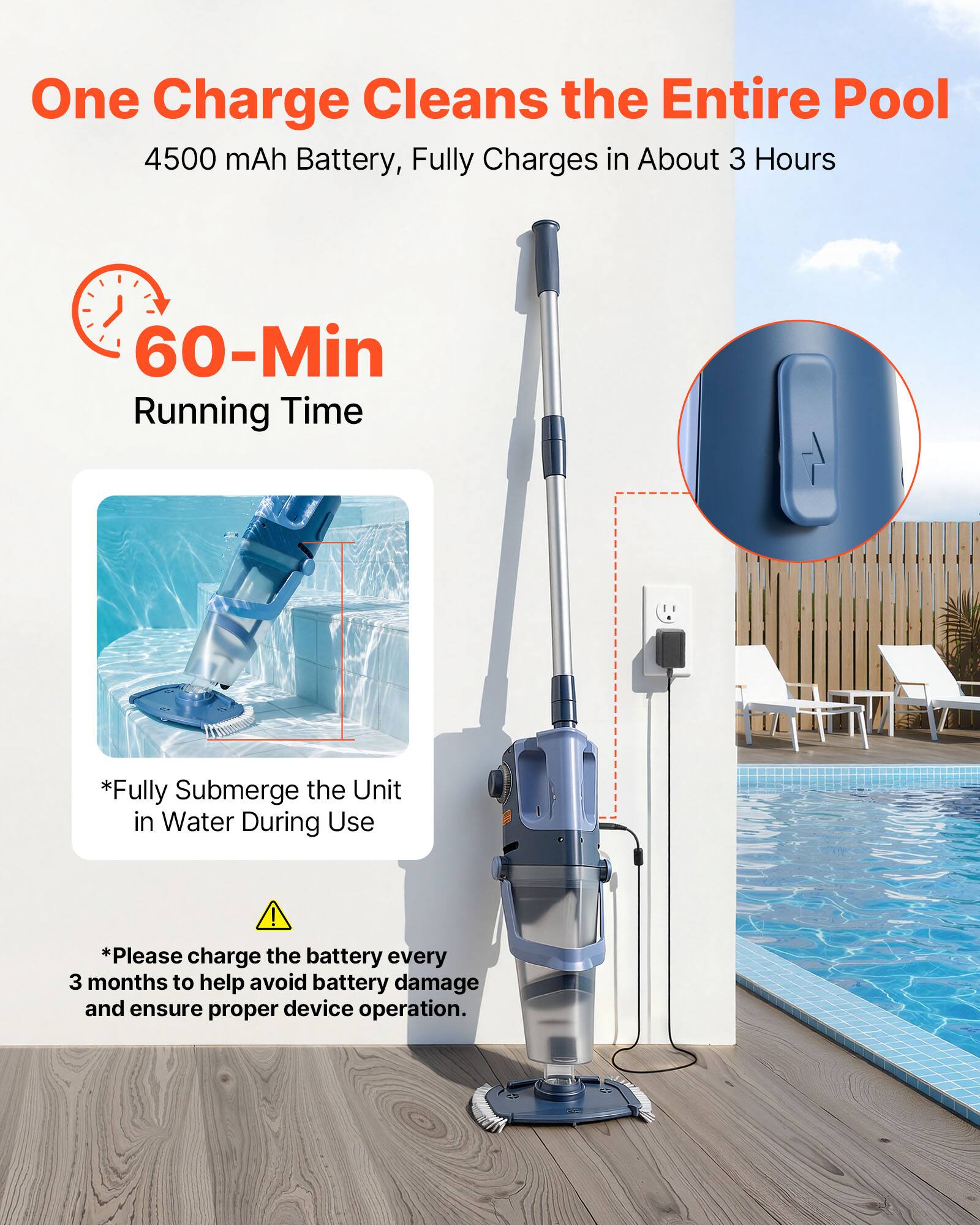 One Charge Cleans the Entire Pool  
4500 mAh Battery, Fully Charges in About 3 Hours  
60-Min Running Time  
*Fully Submerge the Unit in Water During Use!  
*Please charge the battery every 3 months to help avoid battery damage and ensure proper device operation.