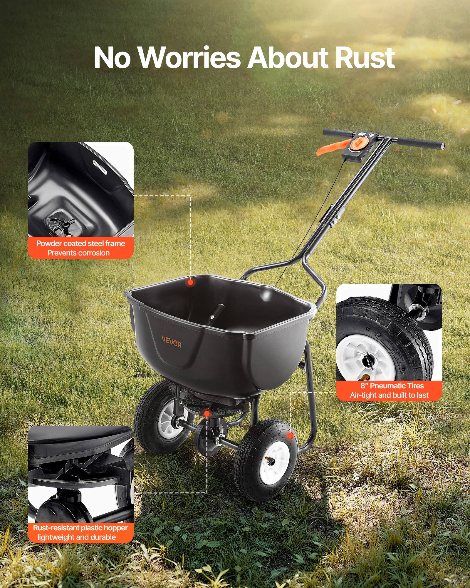 No Worries About Rust

- Powder coated steel frame Prevents corrosion
- 8" Pneumatic Tires Air-tight and built to last
- Rust-resistant plastic hopper lightweight and durable