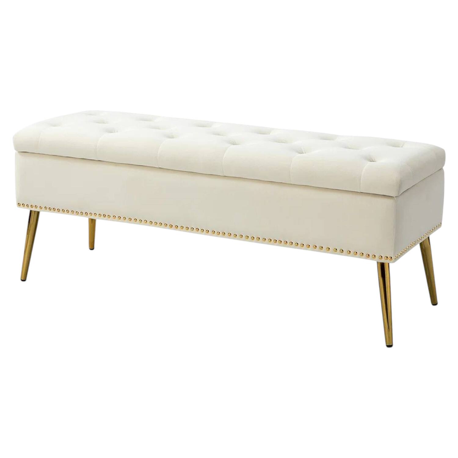 Front. SlickBlue - Velvet Upholstered Storage Bench for Bedroom with Mid-Century Modern Design - Ivory.