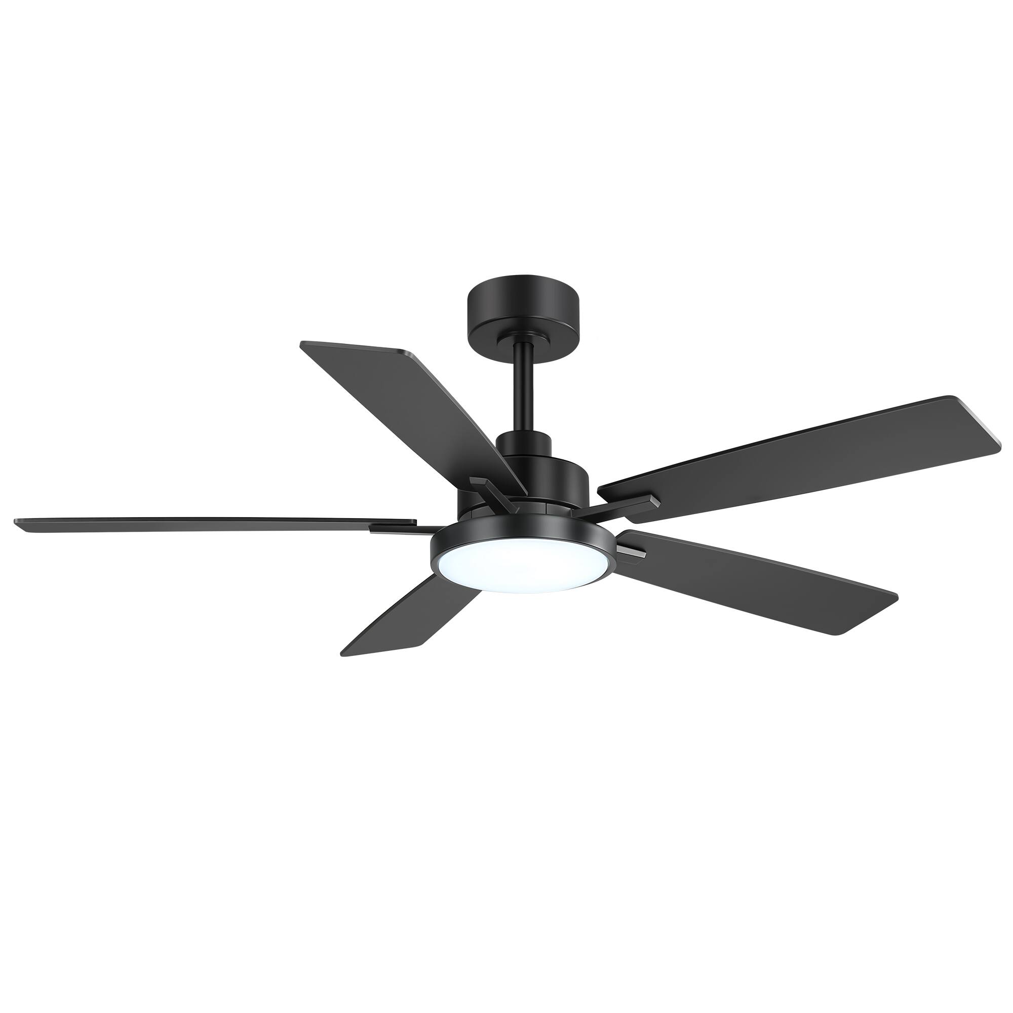 Angle. Breezary - 52-in Large Indoor Ceiling Fan with 6-Speed DC Motor, LED Light, Remote & 5/10'' Downrods, 5 Reversible Blades - Black and Charcoal Wood-Grain.