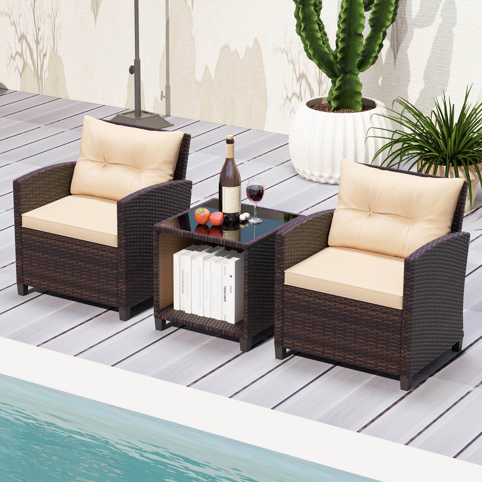 Alt View 4. Costway - Costway 3 PCS Patio Sofa Set with Cushions & Tempered Glass Tabletop for Backyard - Beige.