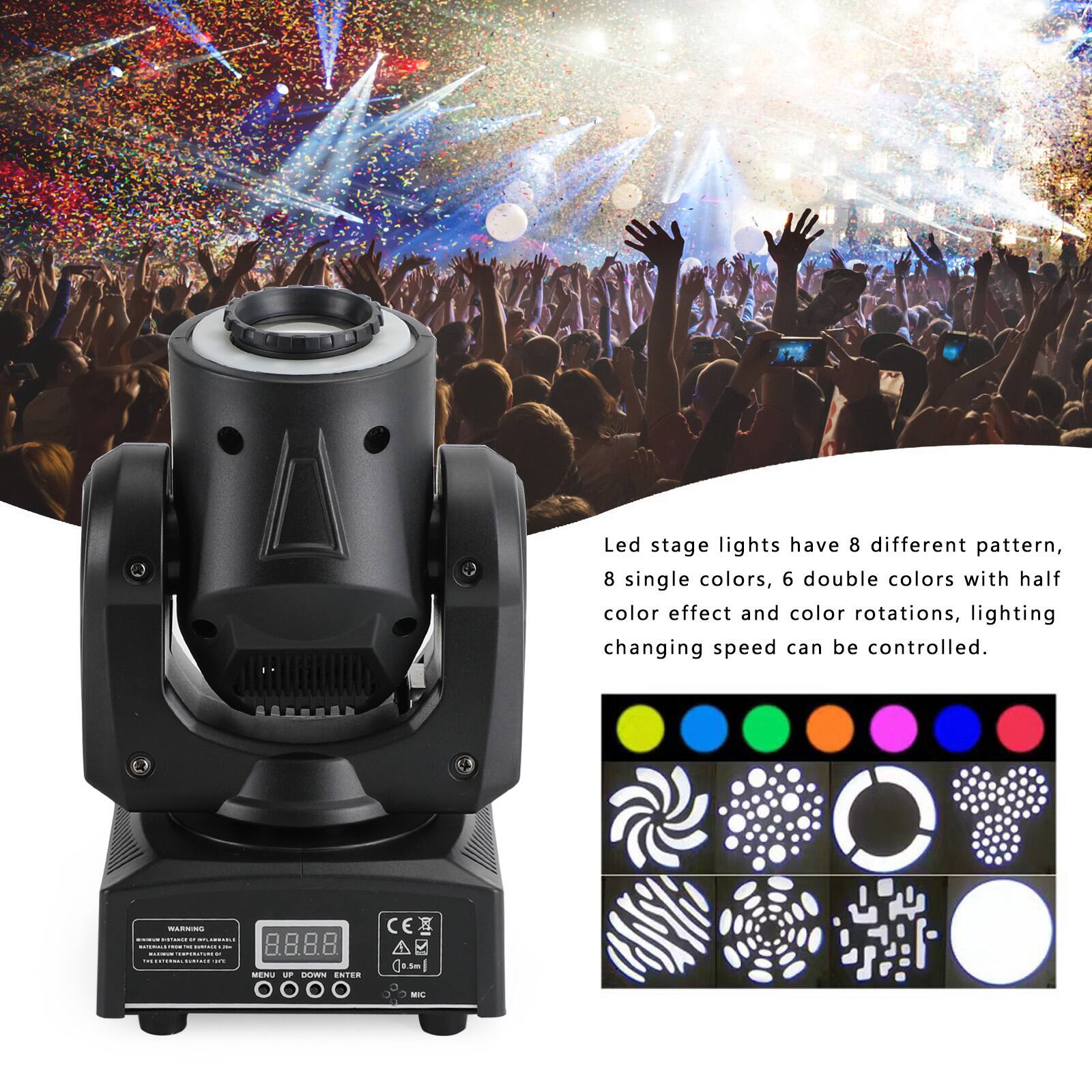 Led stage lights have 8 different patterns, 8 single colors, 6 double colors with half color effect and color rotations, lighting changing speed can be controlled.