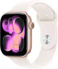 Front. Apple - Apple Watch Series 11 (GPS) 46mm Rose Gold Aluminum Case with Light Blush Sport Band - M/L - Rose Gold.