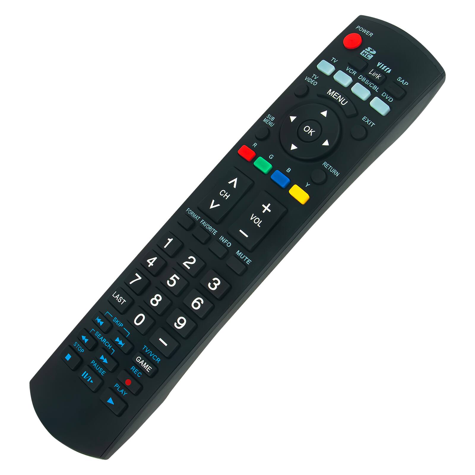 POWER SUP MENU R G ^ CH V + FORMAT VOL FAVORITE - 1 INFO 4 2 MUTE 7 5 3 LAST 8 6 H SKIP 0 9 STOP SEARCH- P TV/VCR PAUSE REC GAME - PLAY HC TV VCR Link VIECA VIDEO TV DBS/CBL SAP MENU DVD EXIT OK RETURN Y