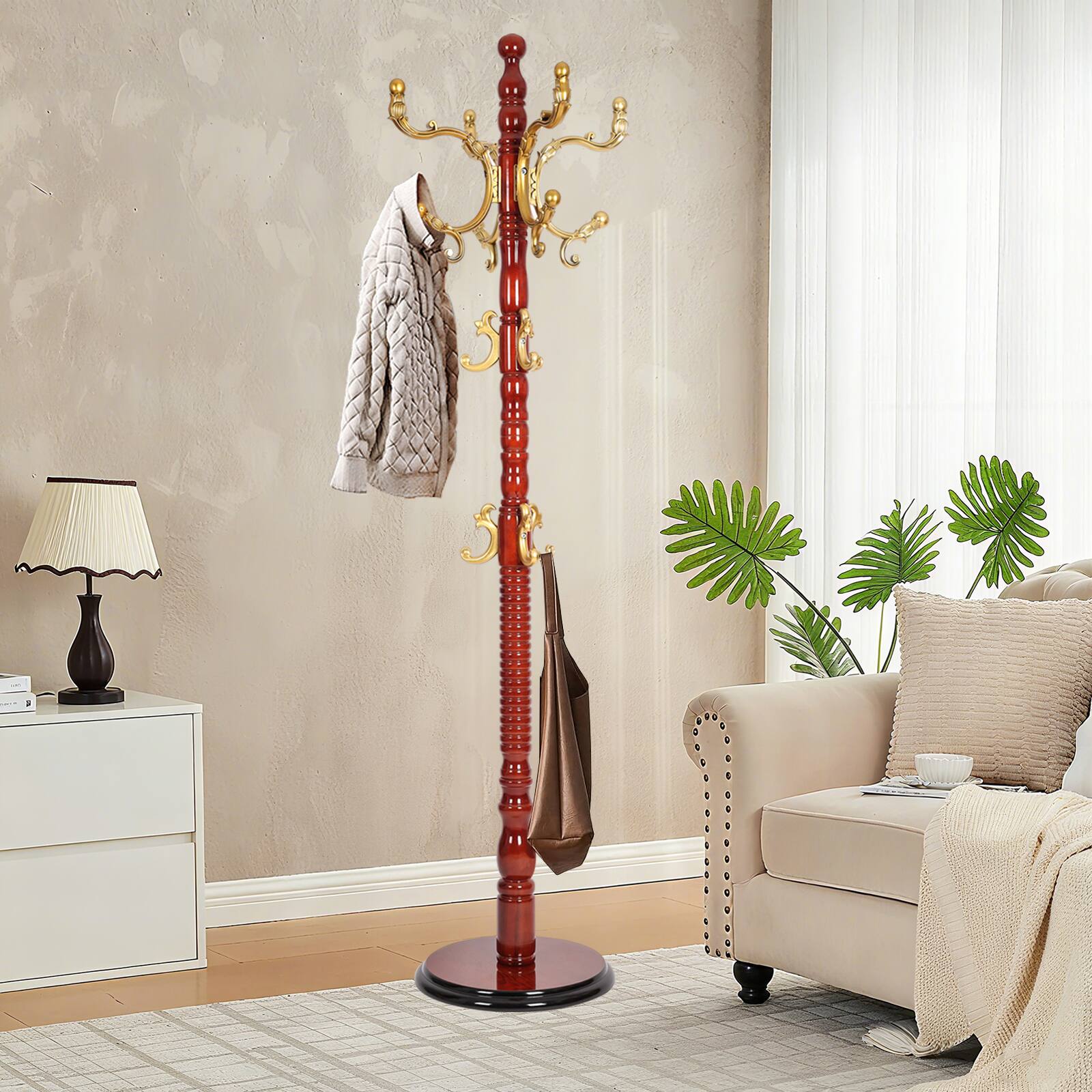 Front. Chateau Abodes - Coat Rack Freestanding, Natural Birch Wood Coat Tree with 14 Hooks, 200lbs Load, Stury Base - Begonia.