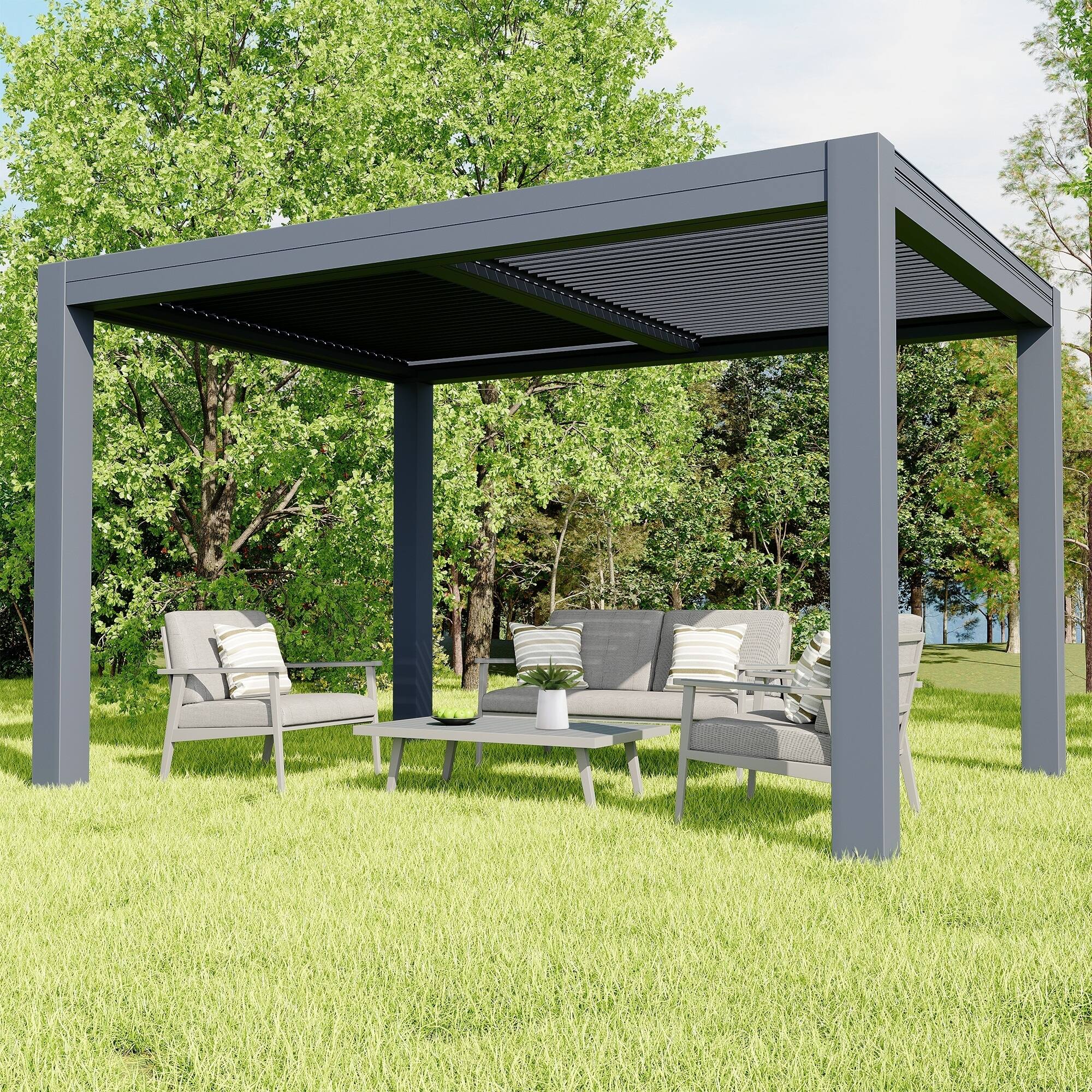 Angle. U-HOMY - 10x13 Aluminum Motorized Louvered Pergola with Dual Adjustable Roof & 4 Side Screens, Outdoor Shade Shelter - Black.