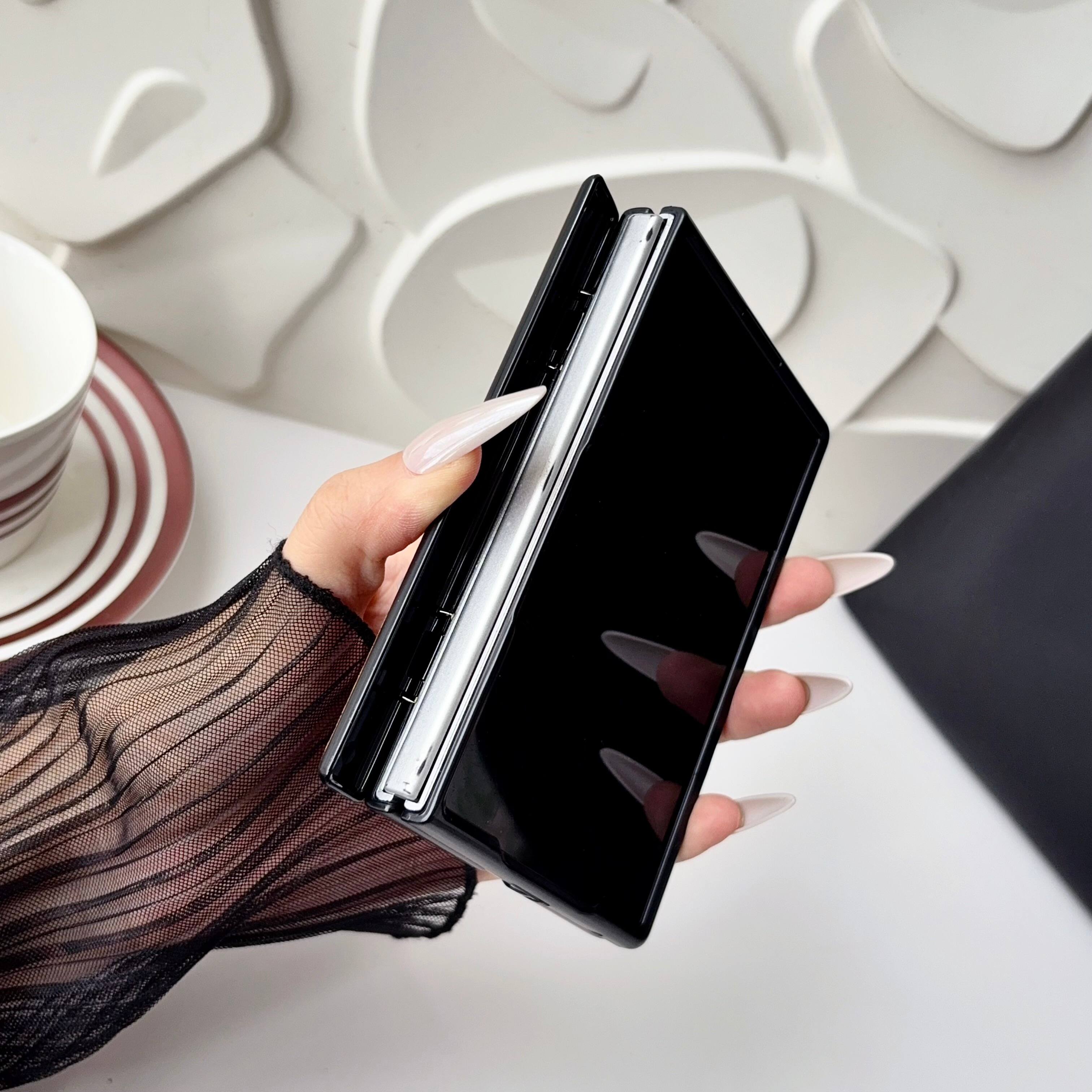 Back. Dteck - Shockproof Phone Case for Samsung Galaxy Z Fold8 with Kickstand, Slim Rigid Plastic Faux Leather Hinge Protection Cover - Black.