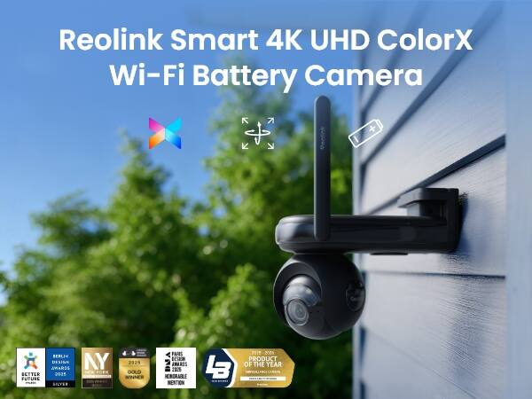 Reolink Smart 4K UHD ColorX Wi-Fi Battery Camera

BEELIN DESIGN AWARDS BETTER 2025 FUTURE SILVER
NY YORK GOLD 2025 WINNER
PARES DESIGN DNA 2025 AMAR HONORABLE MENTION
LB 2026 2005 PRODUCT OF THE YEAR CARDER