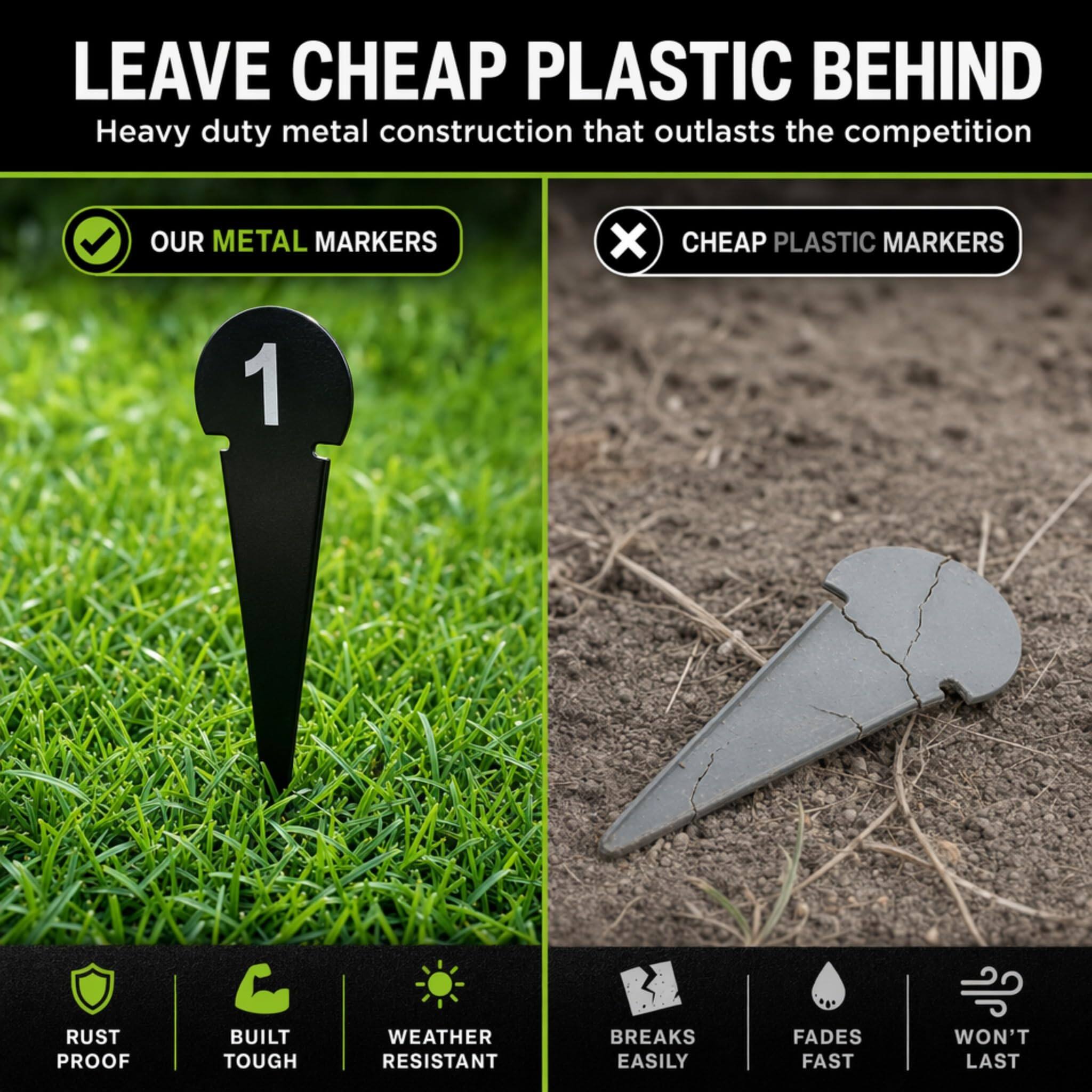 LEAVE CHEAP PLASTIC BEHIND

Heavy duty metal construction that outlasts the competition

OUR METAL MARKERS
- RUST PROOF
- BUILT TOUGH
- WEATHER RESISTANT

CHEAP PLASTIC MARKERS
- BREAKS EASILY
- FADES FAST
- WON'T LAST