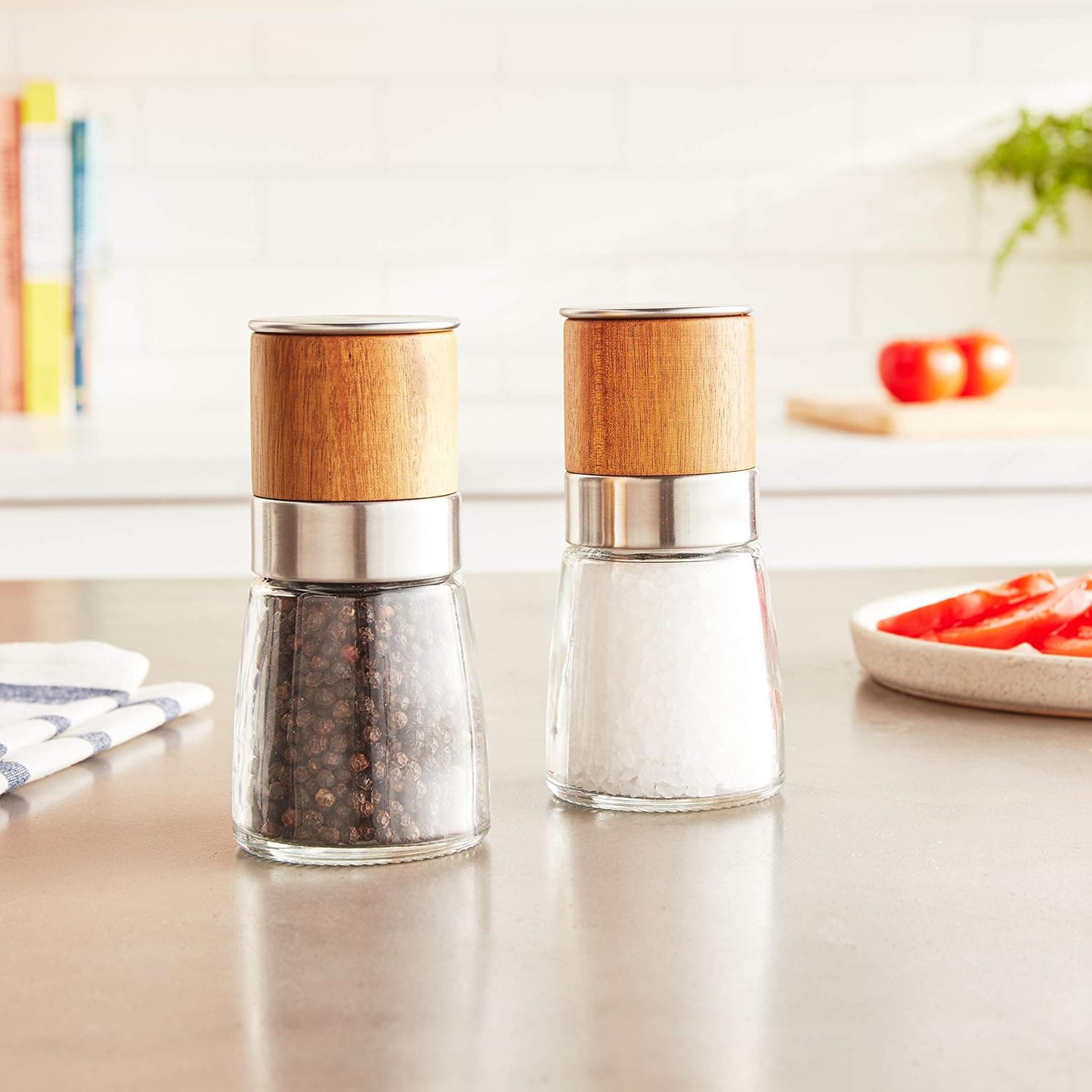 Alt View 1. FINEAK - Akasia Wood Manual Salt and Pepper Mill with Adjustable Grinder - Brown.