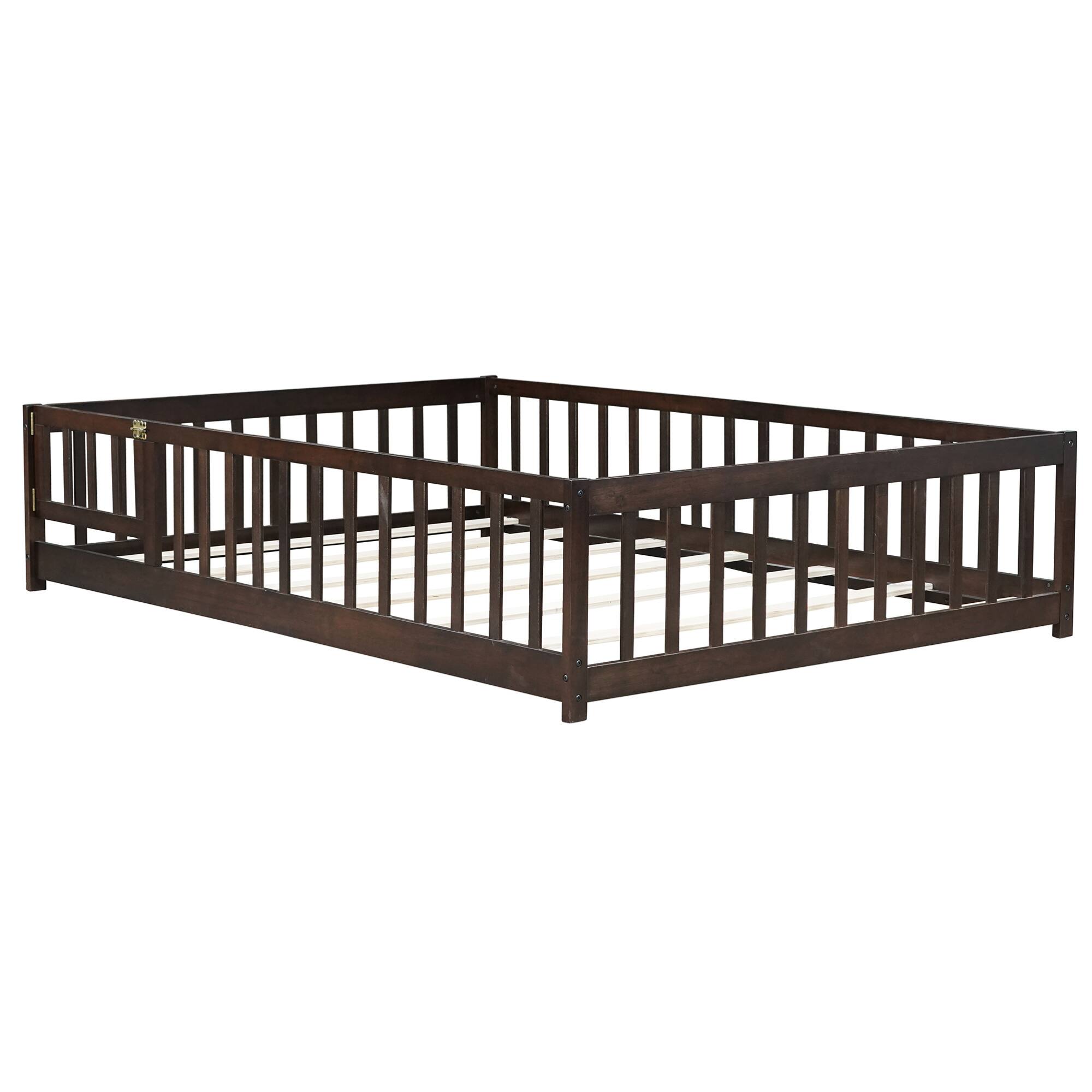 Alt View 5. GOODSILO - Full Size Low Profile Children's Floor Bed with Safety Guardrails and Entry Door, Solid Wood Construction - Espresso.