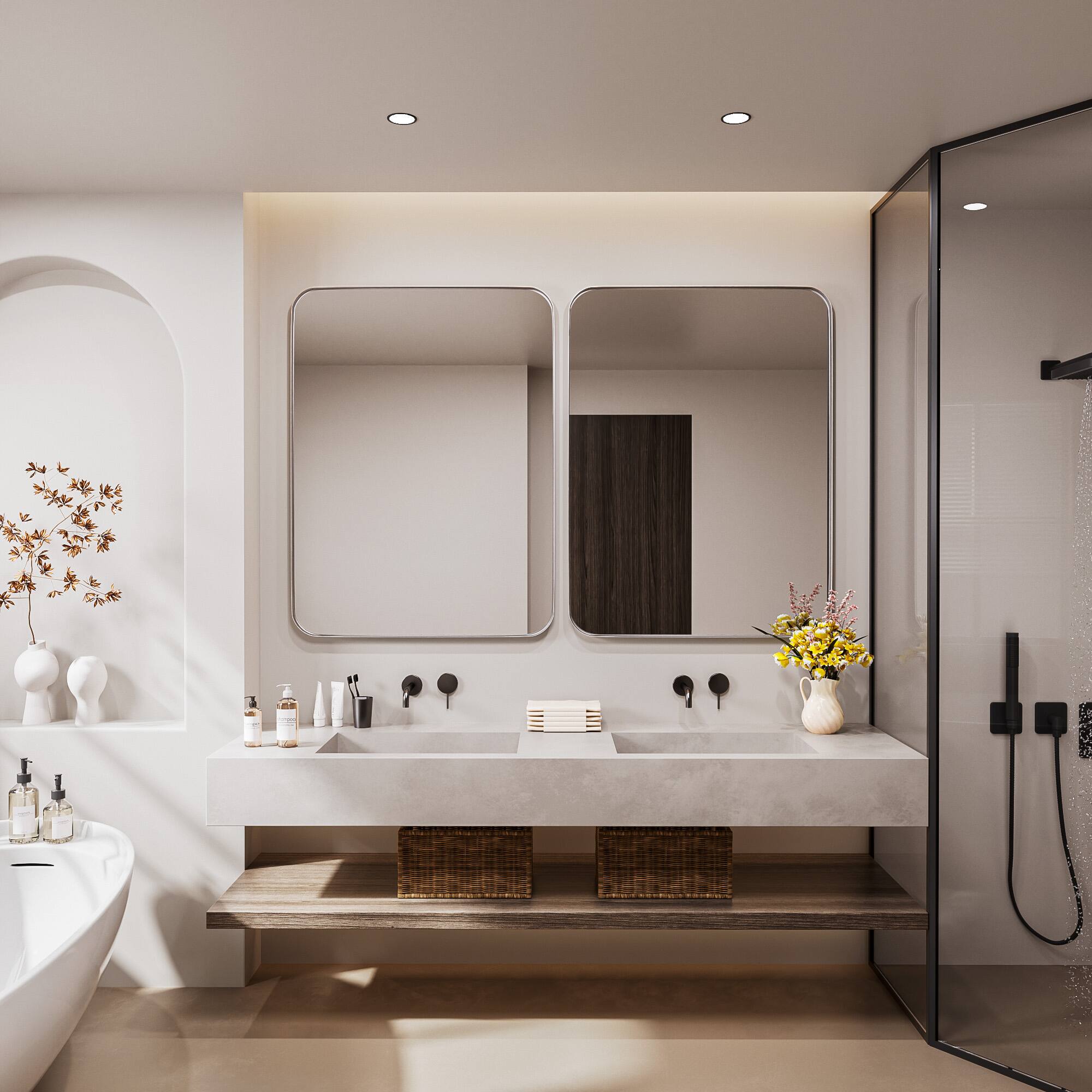 Alt View 13. LOVMOR - Tempered Glass Rounded Rectangle Framed Wall-Mounted Bathroom Vanity Mirror - 40" x 30" - Silver.