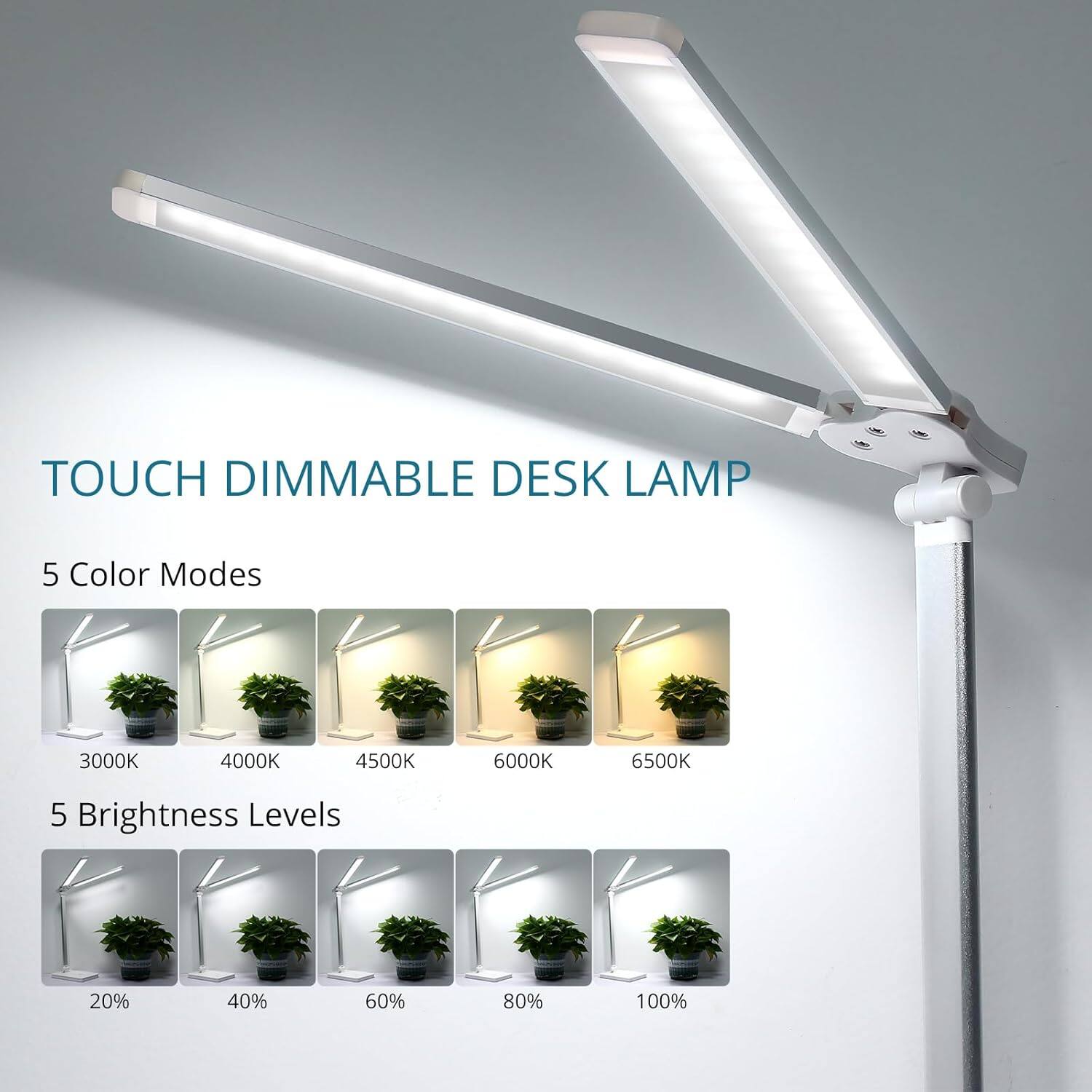 TOUCH DIMMABLE DESK LAMP

5 Color Modes
- 3000K
- 4000K
- 4500K
- 6000K
- 6500K

5 Brightness Levels
- 20%
- 40%
- 60%
- 80%
- 100%